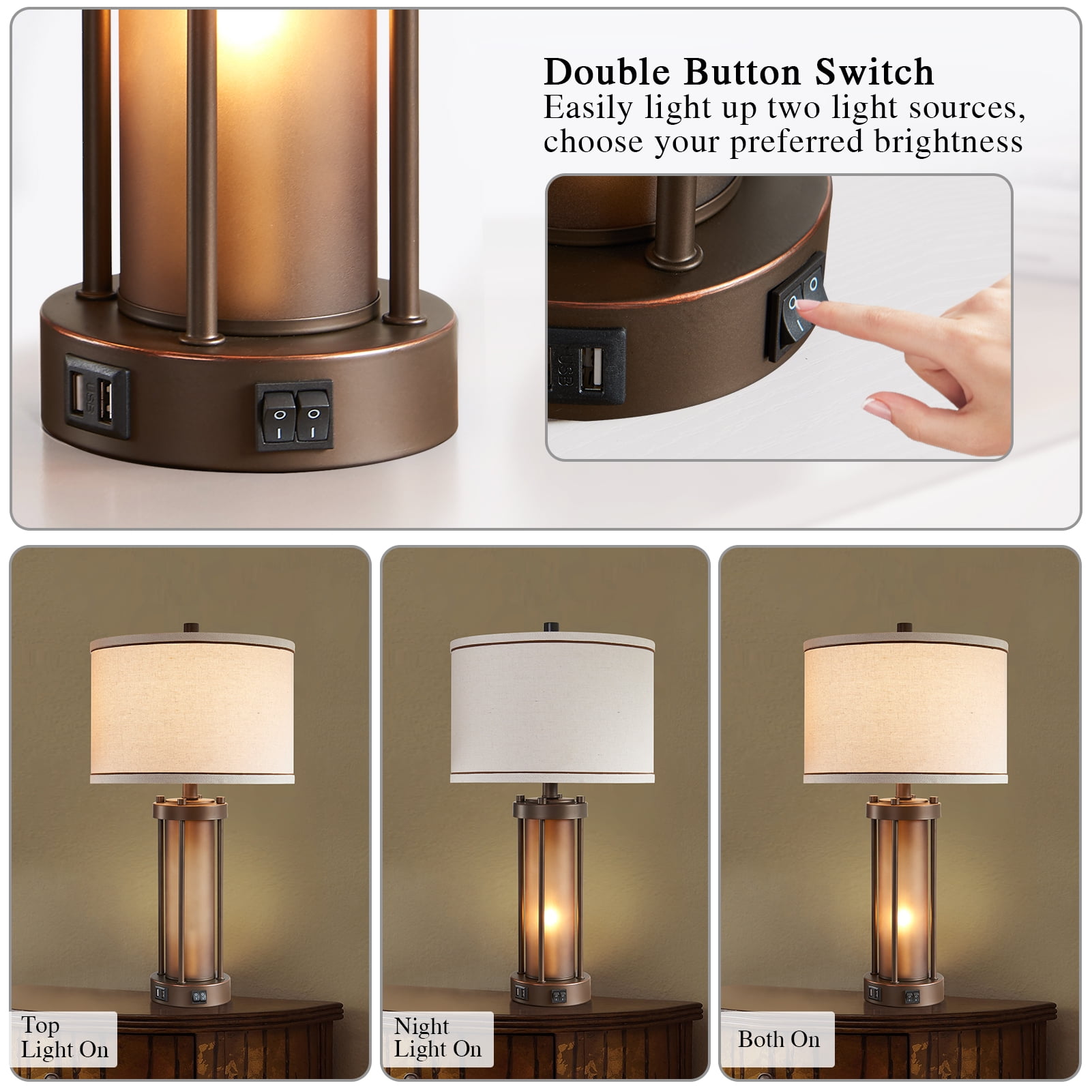 RORIA 24”Living Room Table Lamp Set of 2, Modern Farmhouse Style, Antique Bronze, Features Dual USB Charging Ports and Night Light, Suitable for Bedrooms and Bedside Tables - Image 5