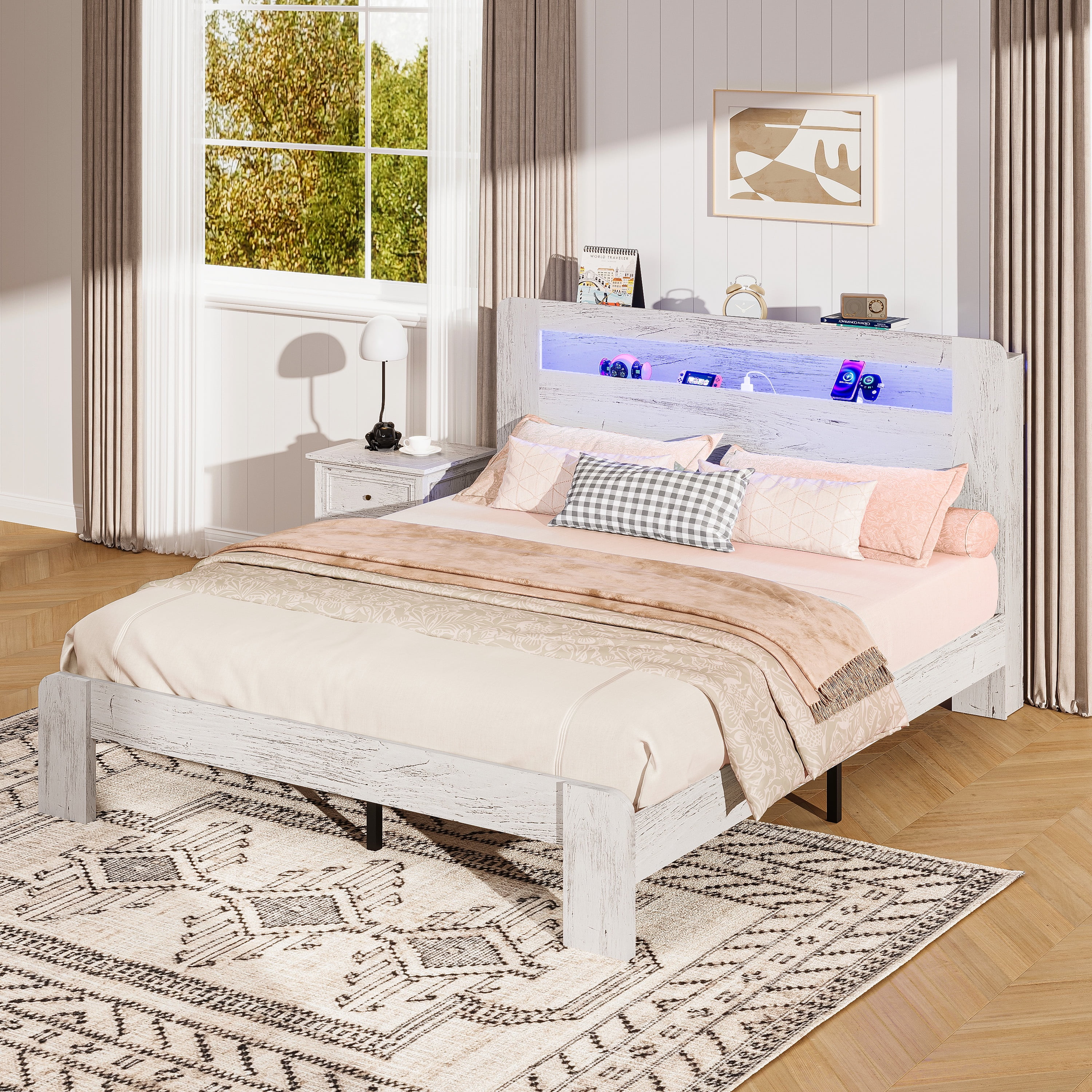 Full Bed Frame with LED Storage Headboard and Charging Station, UHOMEPRO Wood Full Bed Frame with Strong Support and RGB Lights, Modern Farmhouse Bedroom Furniture, No Box Spring Needed, White - Image 7
