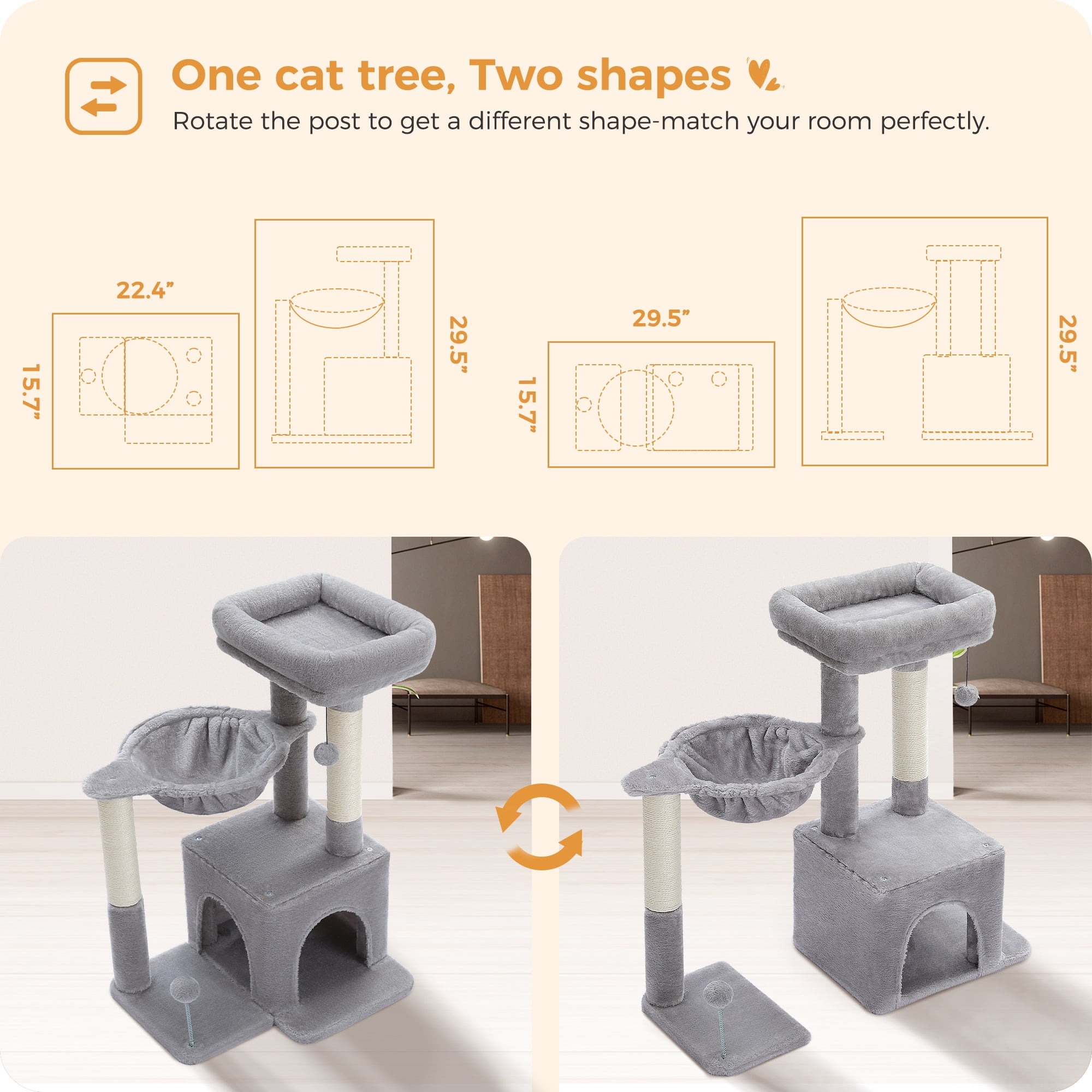 PAWZ Road Cat Tree 29.5" Sisal Cat Scratching Posts Tower Hammock Top Perch for Indoor Cats,Gray - Image 9