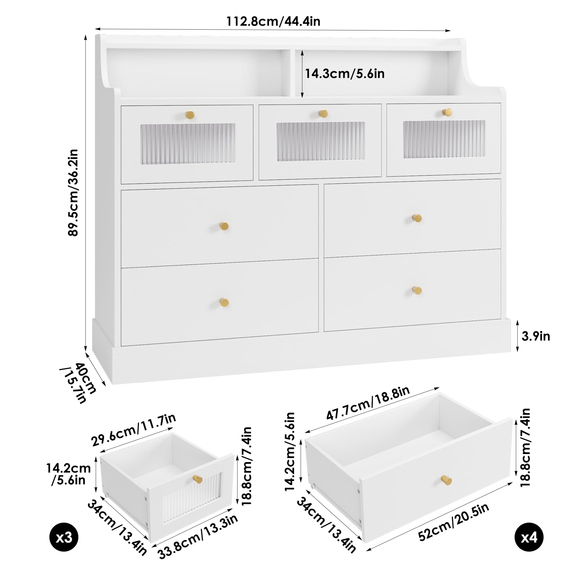 Homfa 7 Drawers Glass Dresser for Bedroom, Modern Storage Cabinet with Gold Knob and Thickened Base, White - Image 5