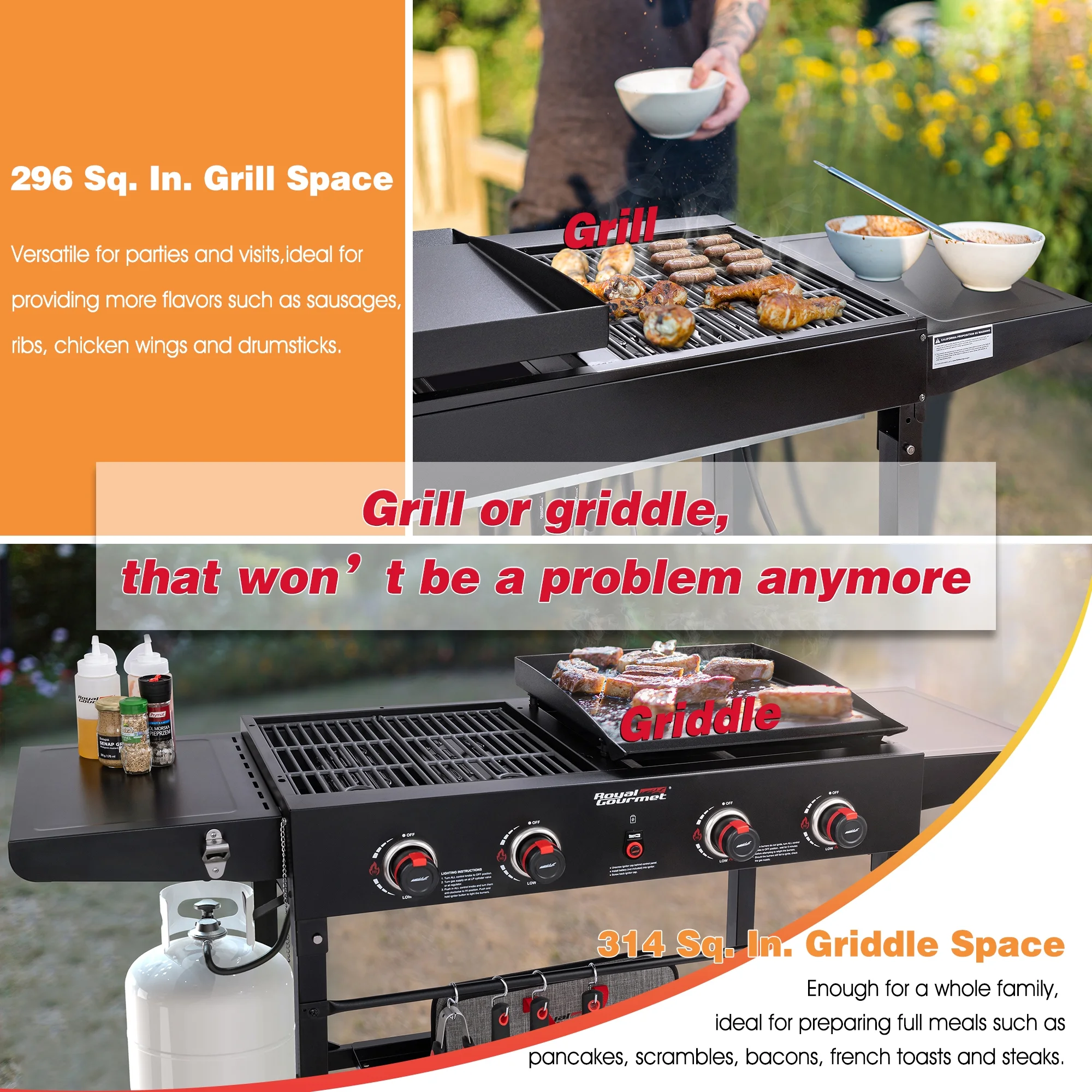 Royal Gourmet 4-Burner GD402 Portable Flat Top Gas Grill and Griddle Combo with Folding Legs, 48,000 BTU, Black - Image 3
