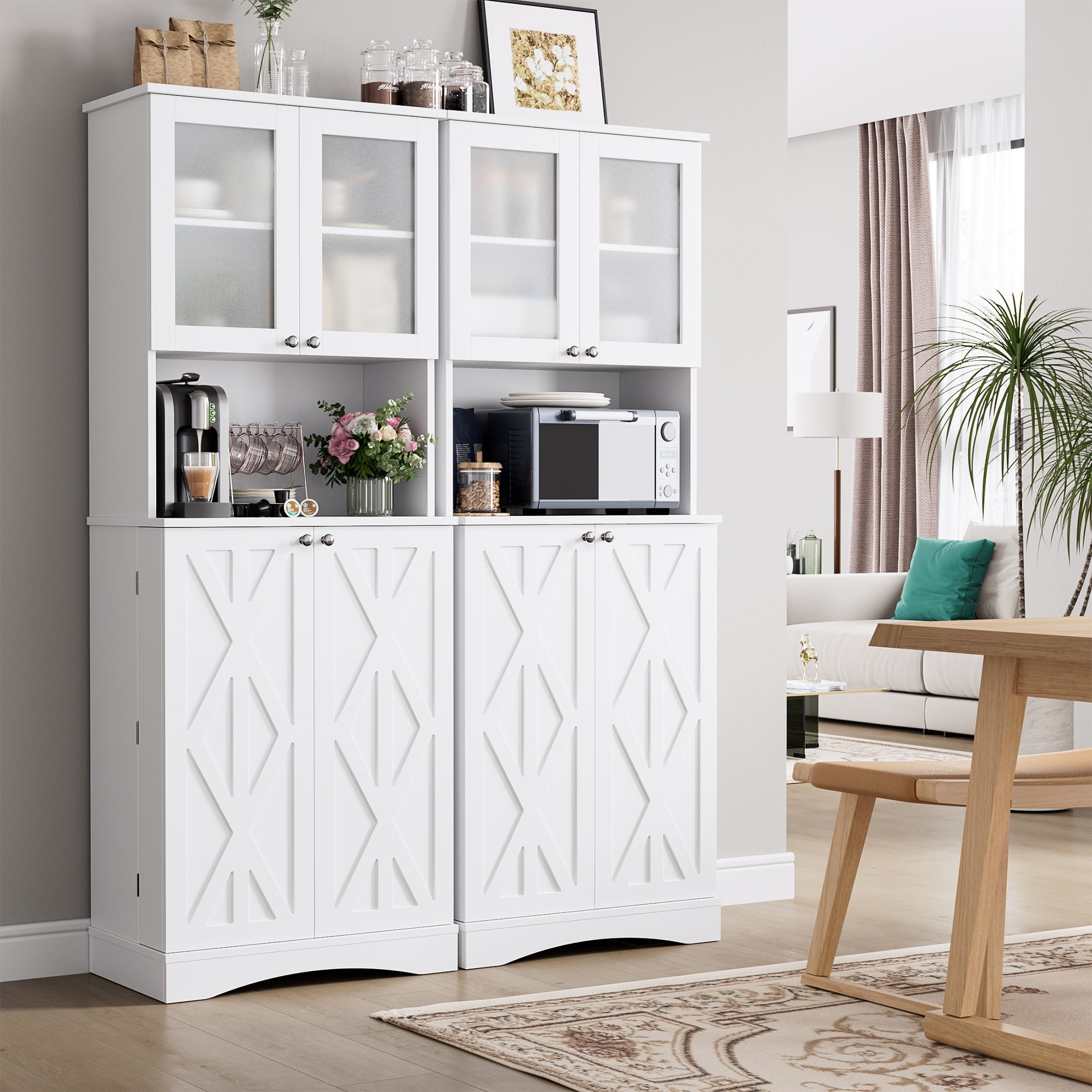 Homfa Farmhouse Kitchen Pantry with Microwave Shelf, 4 Doors Food Storage Cabinet with Adjustable Shelves for Dining Room, White - Image 8