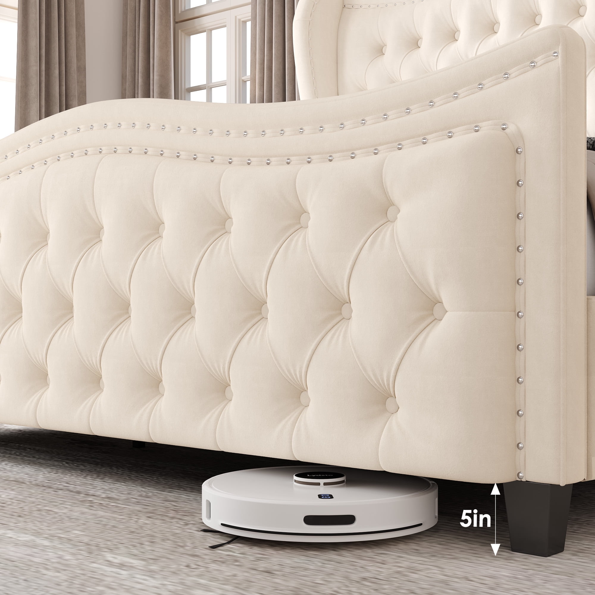 Homfa Queen Size Bed Frame, Modern Velvet Tufted Wingback Bed, Platform Bed with 55"H Upholstered Headboard, Off-White - Image 9