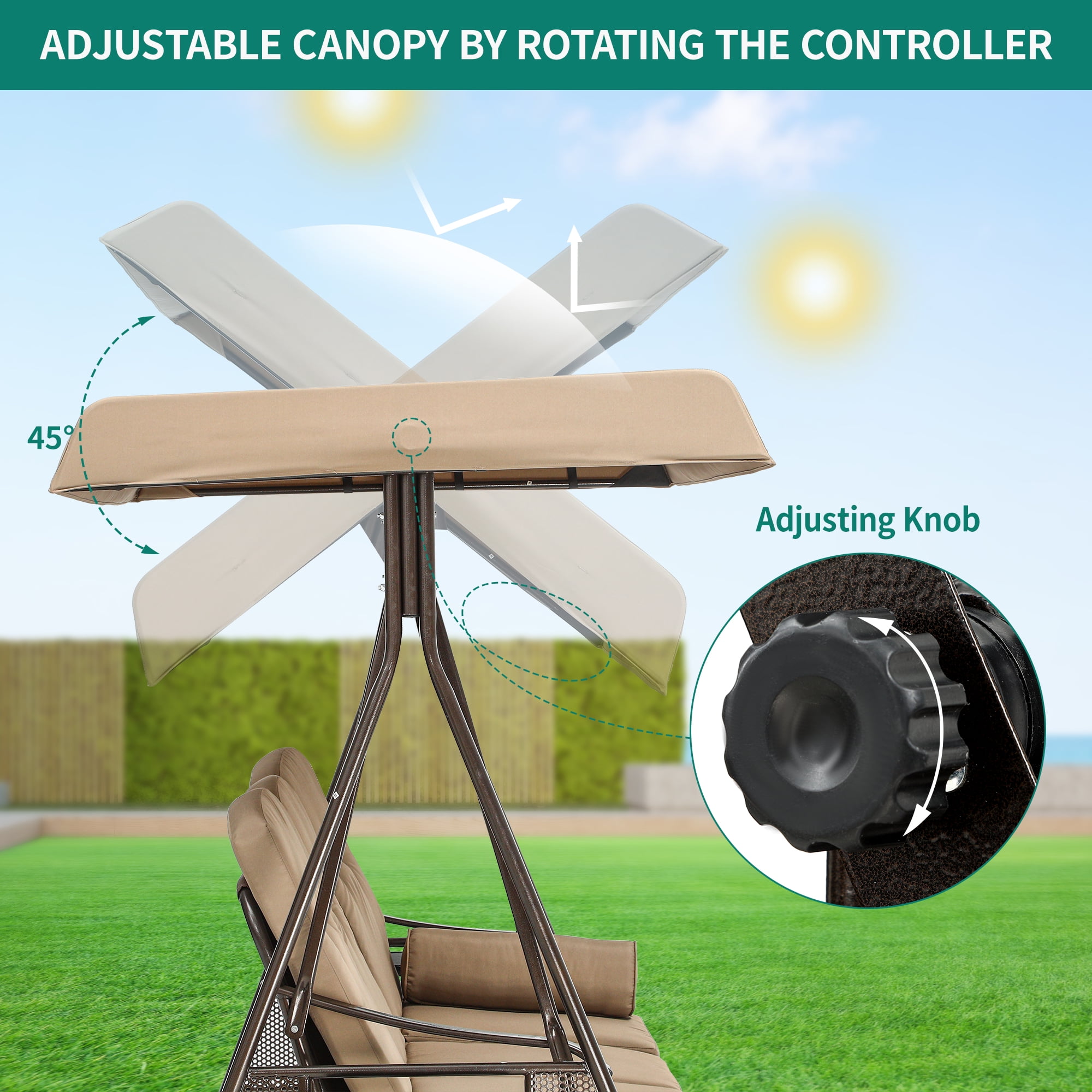 Dextrus Outdoor Patio Swing Chair, 3 Person Porch Swing with Adjustable Canopy, Removable Cushion,Suitable for Garden, Poolside, Balcony,(Brown) - Image 5