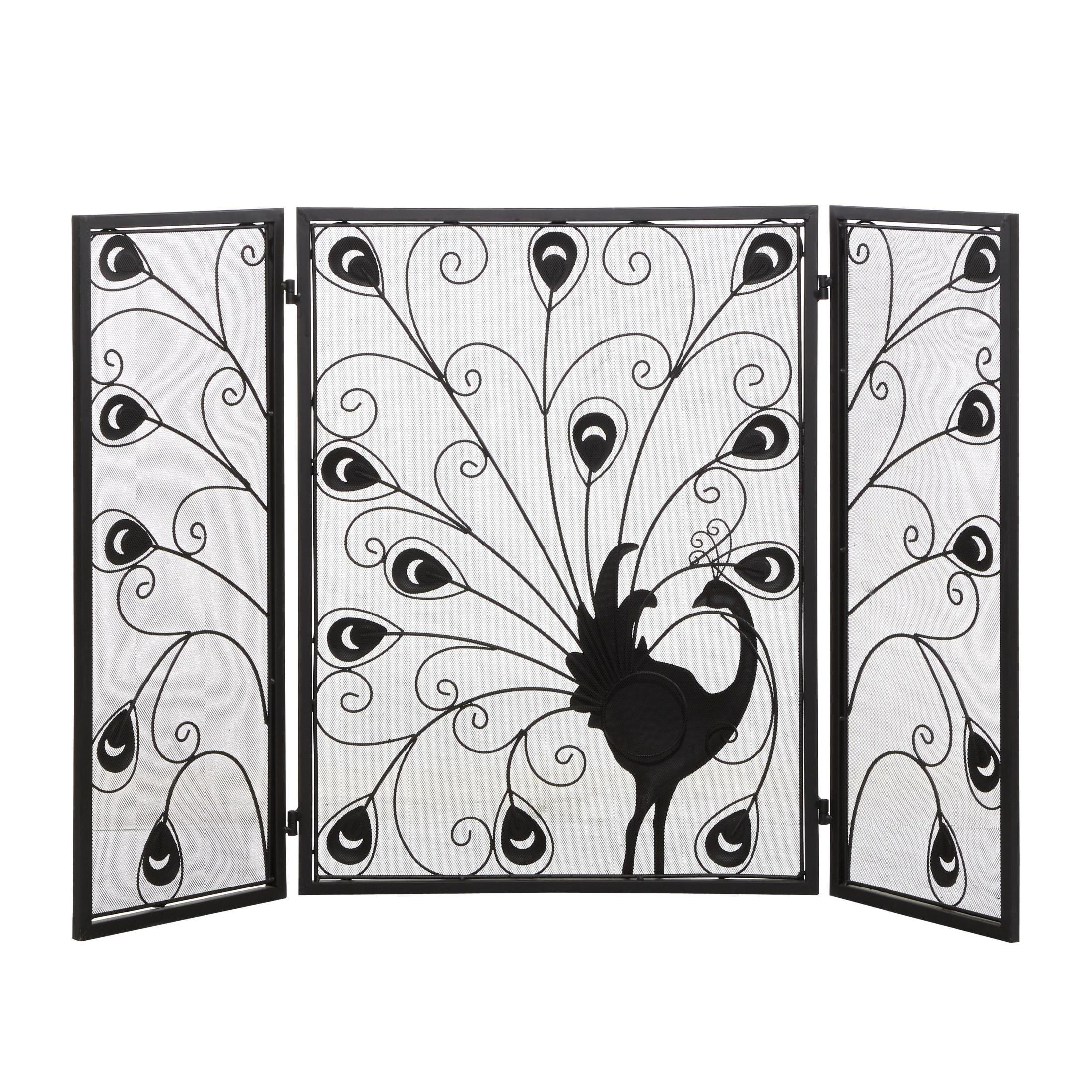 DecMode Black Eclectic Metal Fireplace Screen with Colorful Peacock Detail and Iron Frame, 48"W x 32"H - Image 2