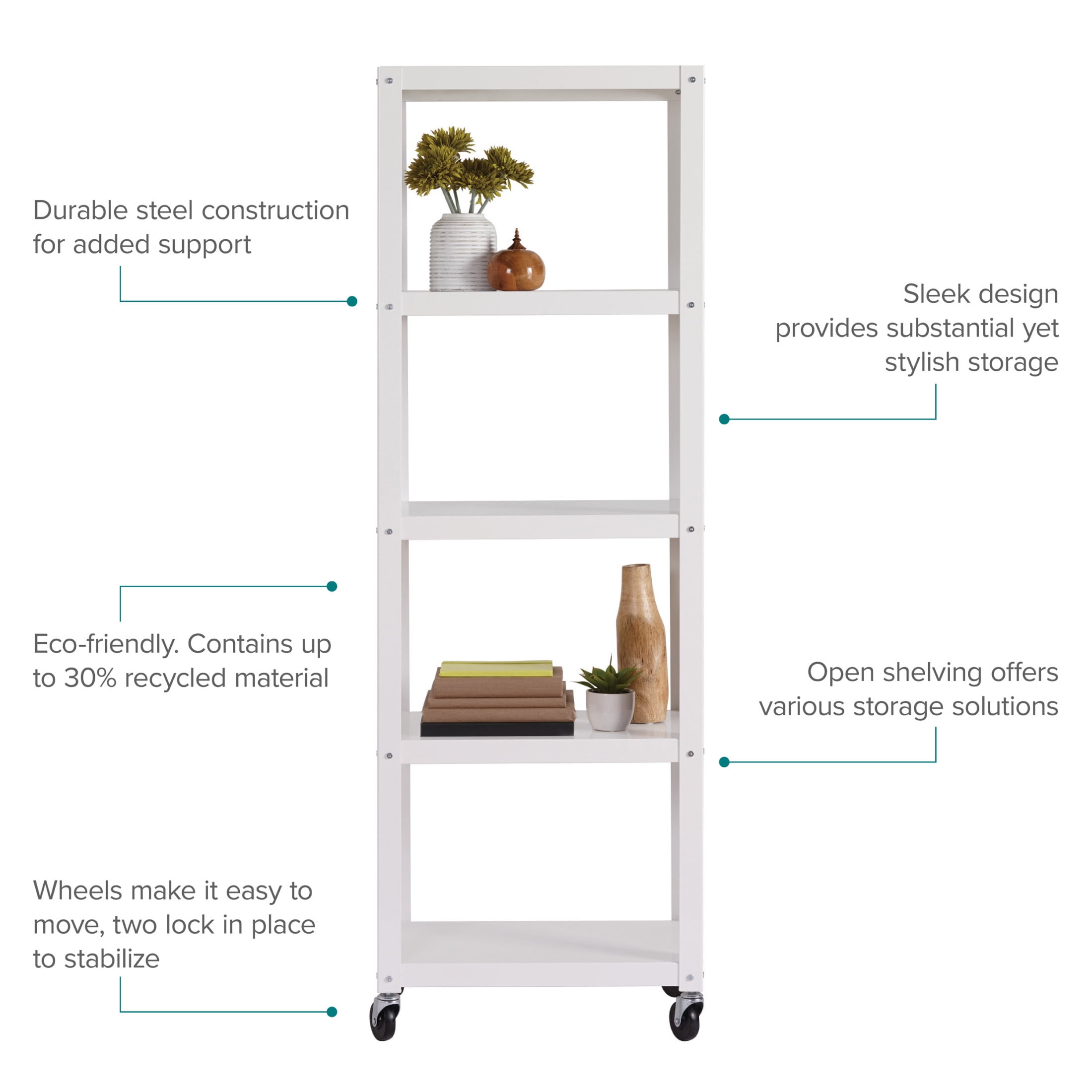 Office Dimensions 72" High Rolling 5 Shelf Bookcase, Industrial Metal, White - Image 18
