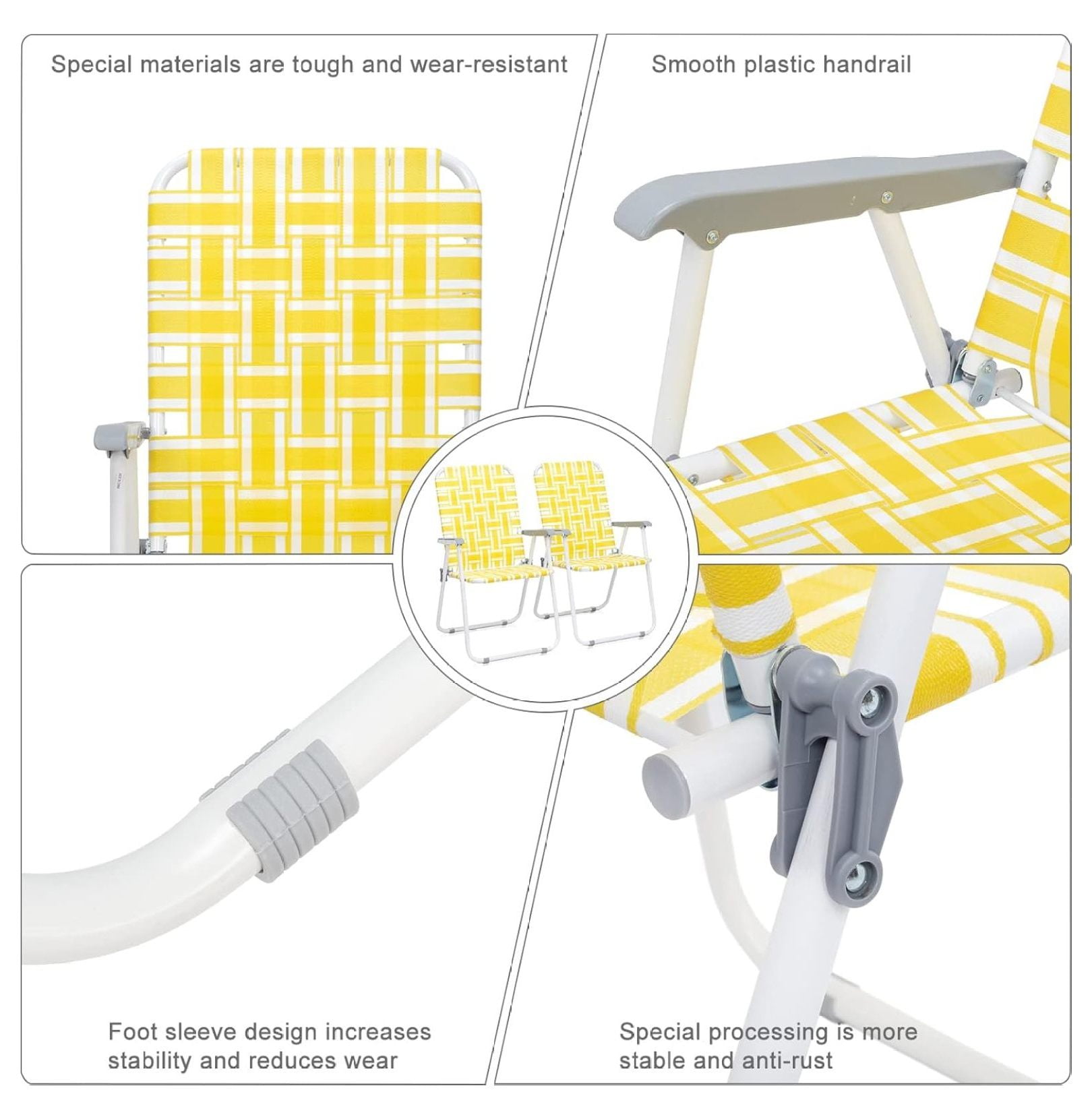Webbed Lawn Chairs Set of 2, Foldable Metal Patio Chairs Stable Steel Outdoor Chair for Camping, Fishing, Beach, Poolside, Backyard and BBQ (Yellow&White) - Image 7