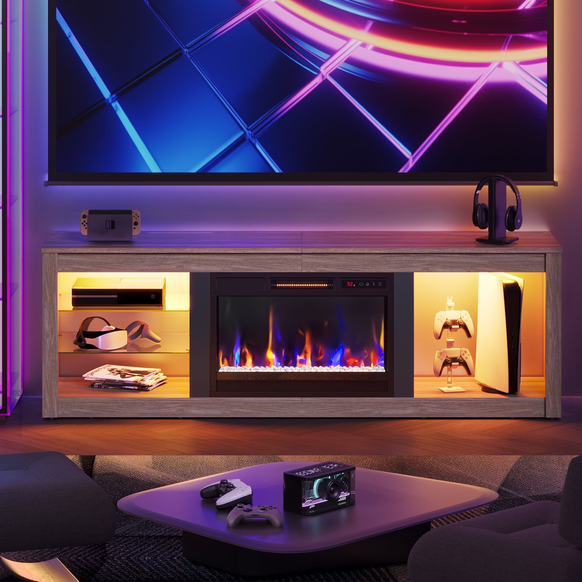 Bestier Modern Electric 7 Color LED Fireplace TV Stand for TVs up to 70", Pine - Image 6