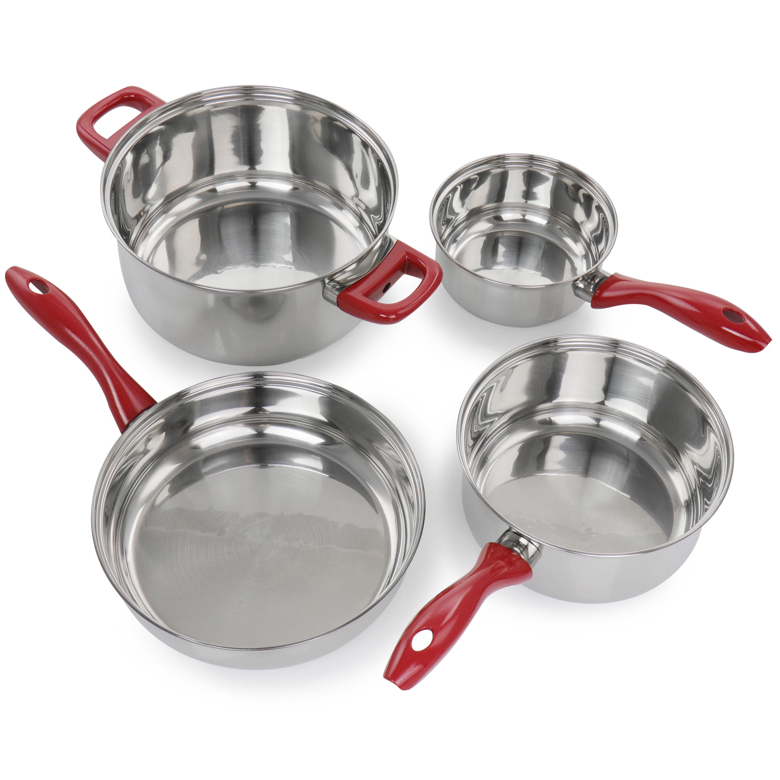Crawson 7 Piece Stainless Steel Cookware Set in Chrome with Red Handles - Image 2