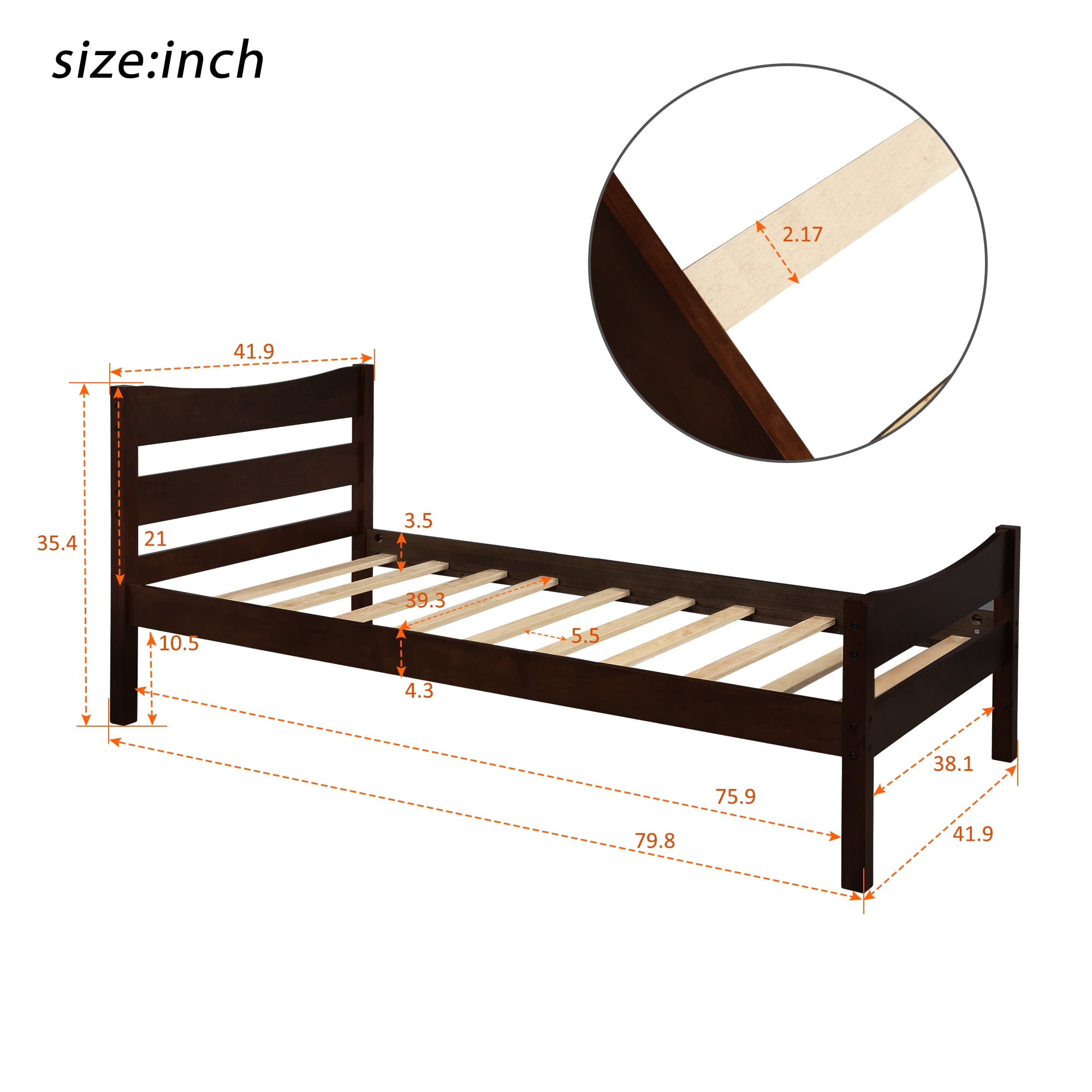 Hommoo Twin Size Wood Platform Bed with Headboard and Wooden Slat Support, Espresso - Image 5