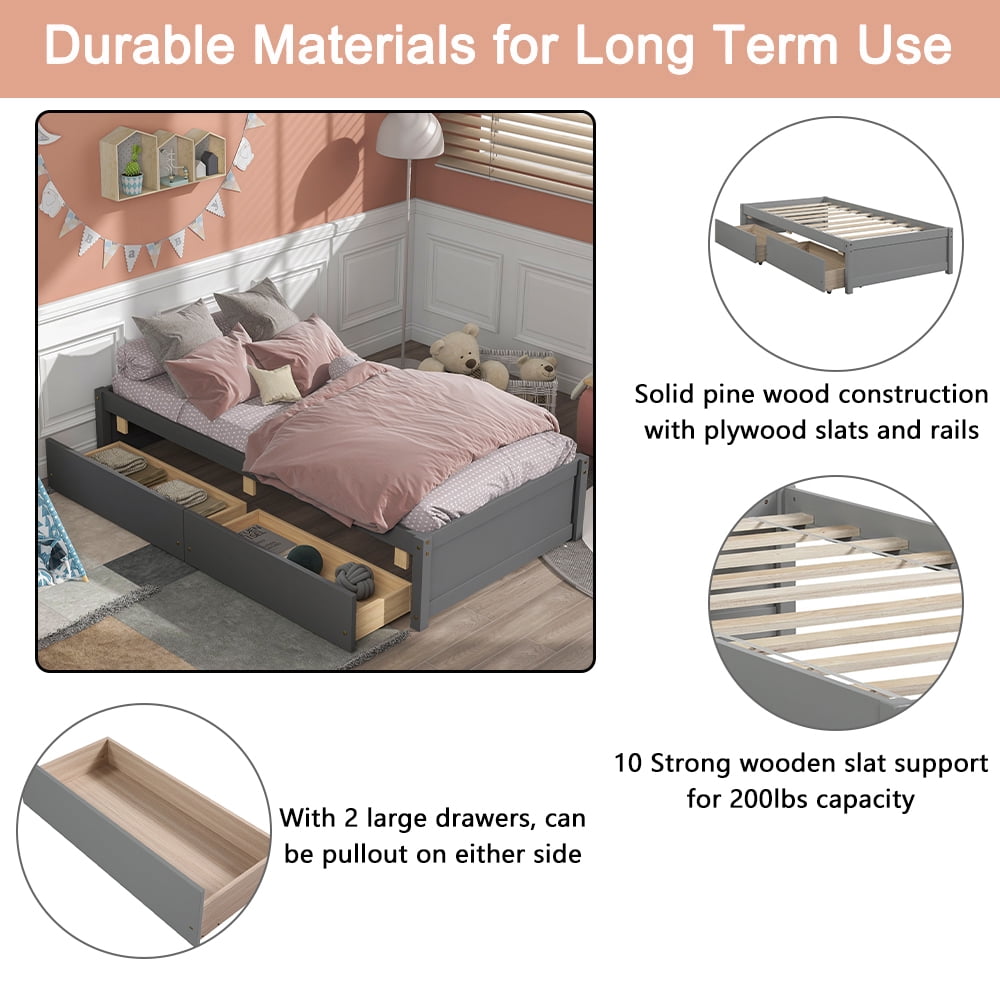PORKISS Twin Platform Bed Frame with Storage Drawers, Solid Wood Twin Size Bed Frame, Modern Bedroom Furniture Single Bed for Kids Teens Adults, No Box Spring Needed, Gray - Image 5