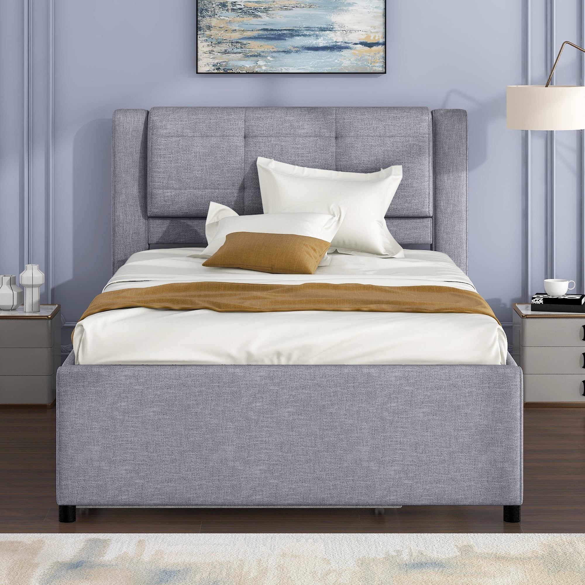 Euroco Upholstered Full Platform Bed with Pop-up Twin Trundle for Bedroom, 2 Beds in One, Gray - Image 11