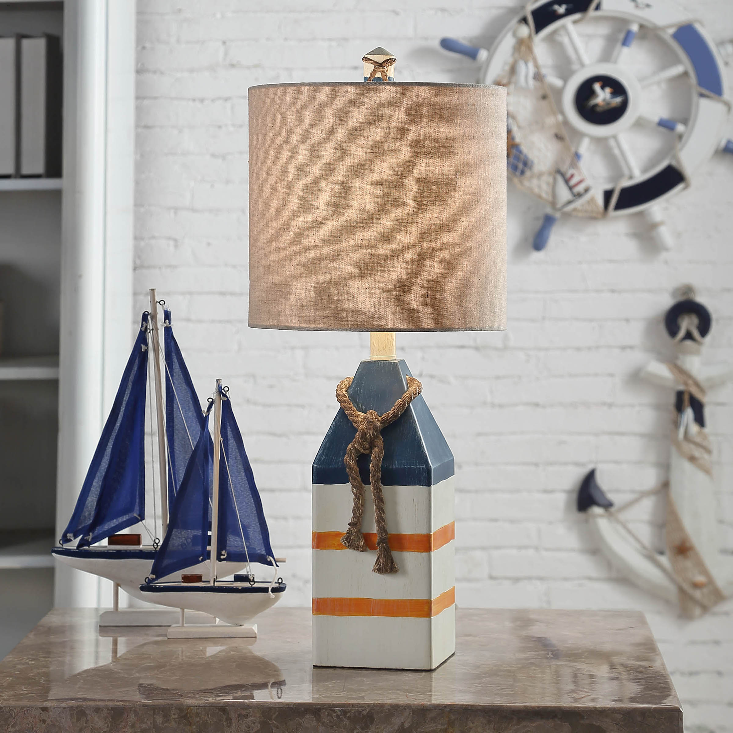 Table Lamp - Blue And Orange Stripe Finish - White Hardback Fabric Shade - Image 4