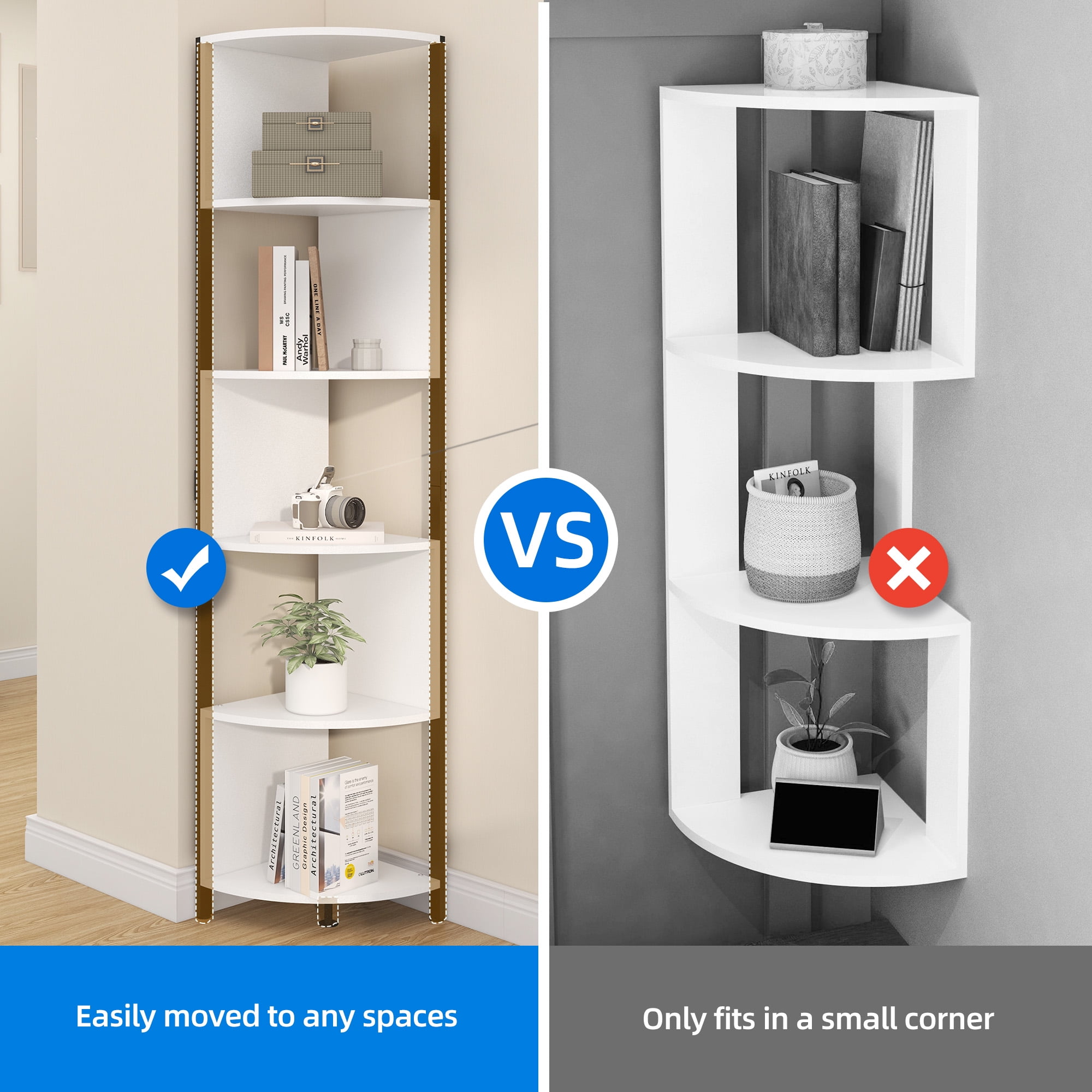 Dextrus 6-Tiers Corner Shelf, Narrow Open Shelf, Modern Corner Bookshelf & Bookcase, Corner Storage Rack Plant Stand for Home Office, White - Image 3