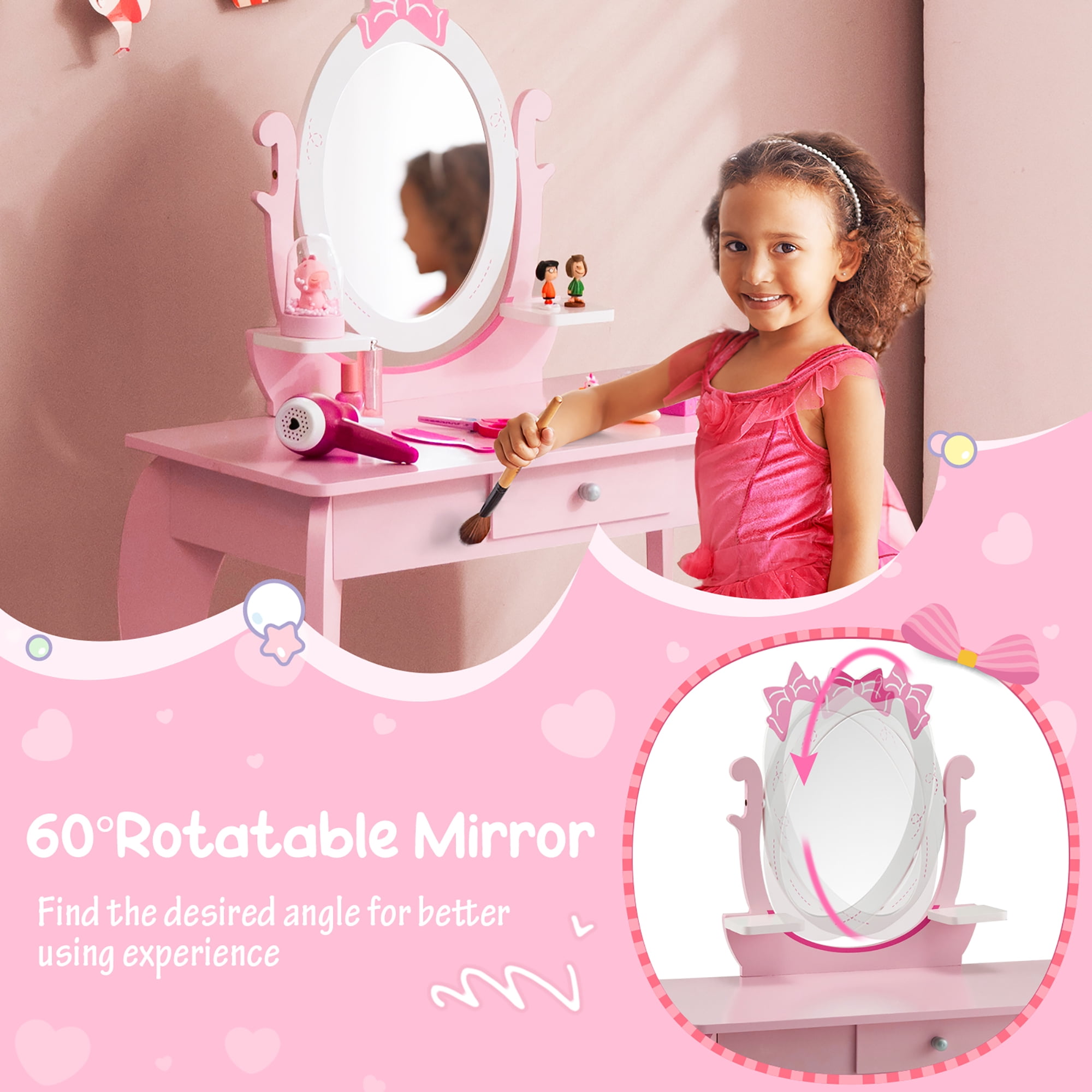 Costway Kid Vanity Table Stool Set with Adjustable Mirror Storage Drawer Makeup Pink - Image 8