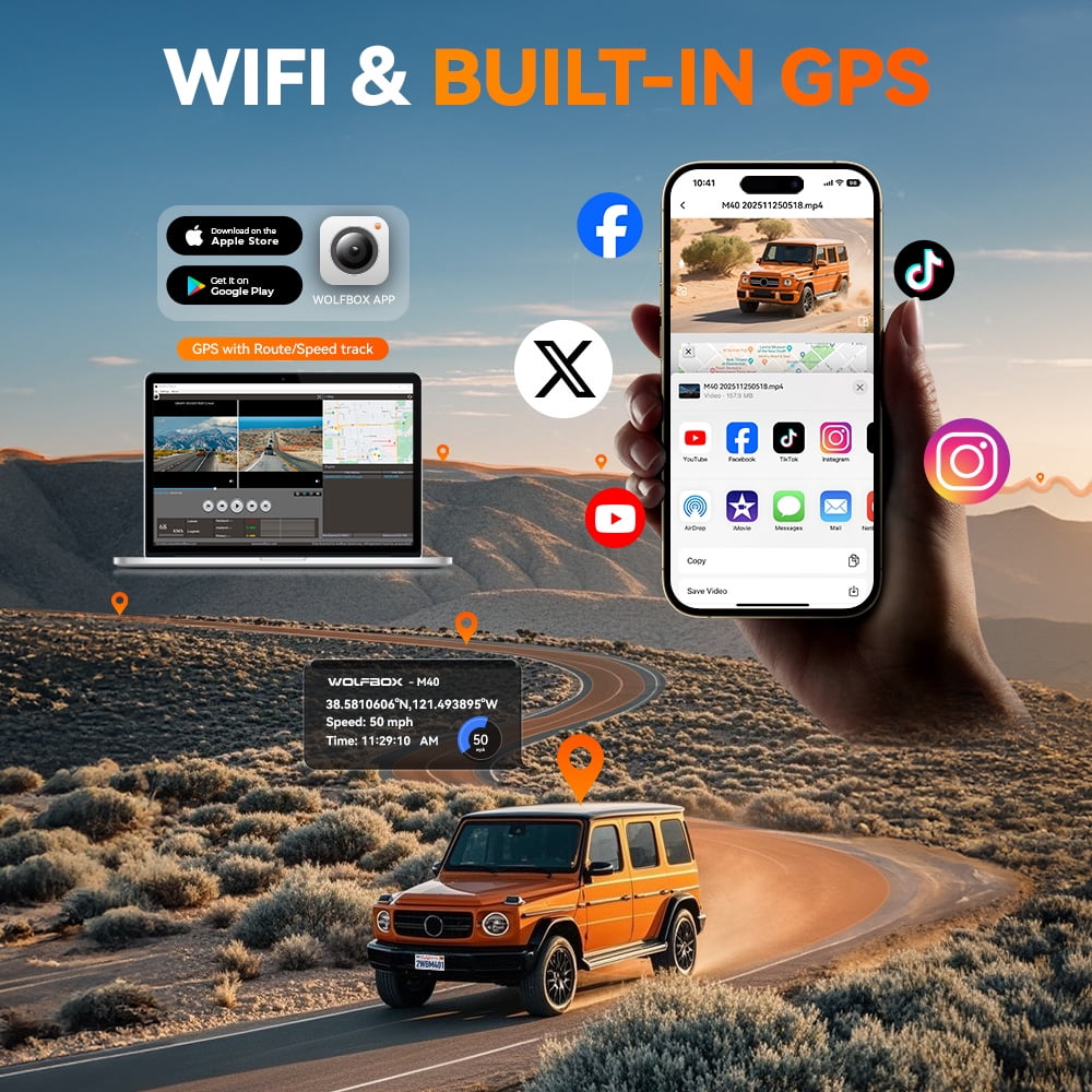 WOLFBOX M40 10" WiFi GPS Mirror Dash Cam, 4K Front and 1080P Rear Dual dash cam with ASDS, Voice Control, Night Vision, Parking Mode, 64GB Card - Image 8