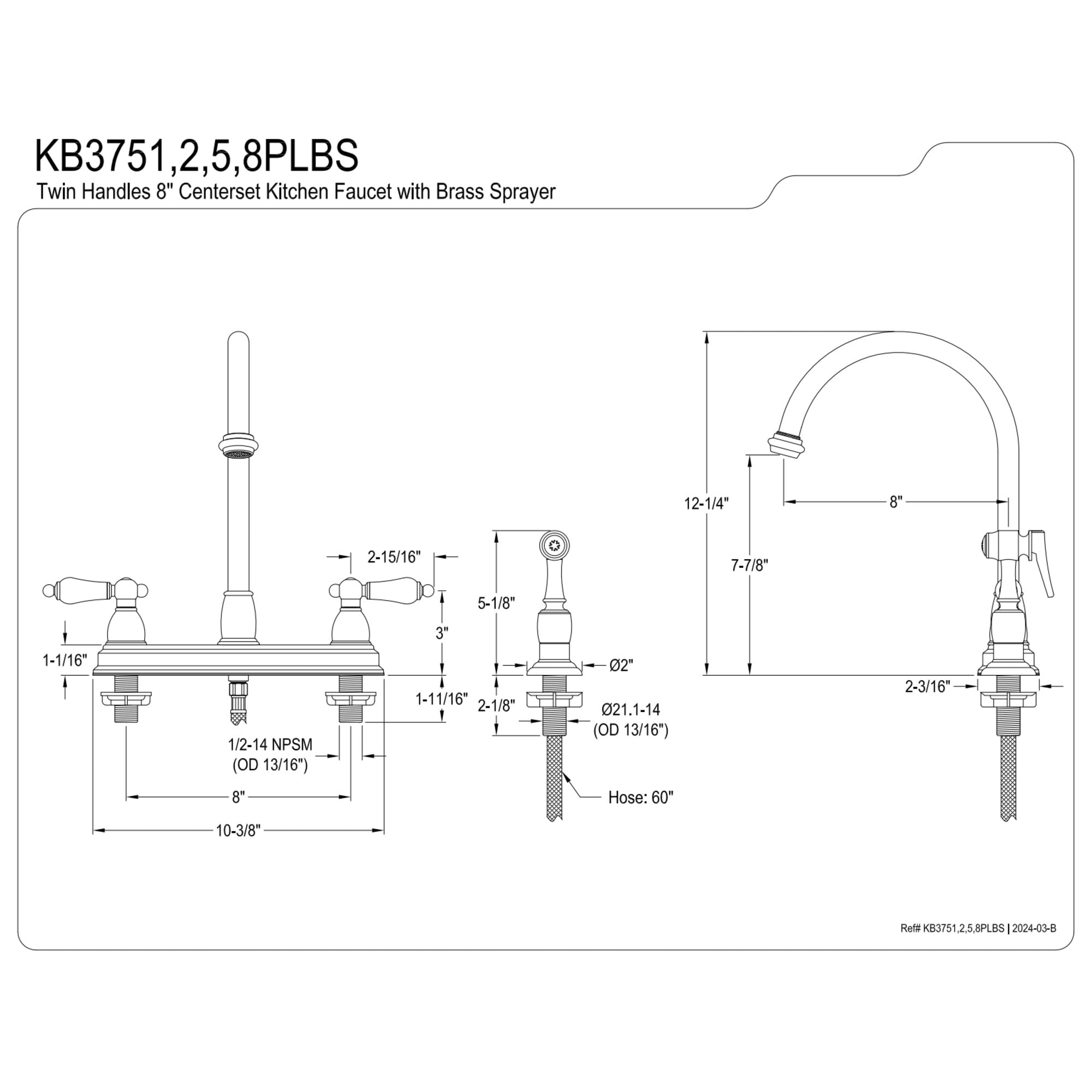 Kingston KB3751PLBS Restoration Two-Handle 4-Hole 8" Centerset Kitchen Faucet with Brass Sprayer in Polished Chrome - Image 4