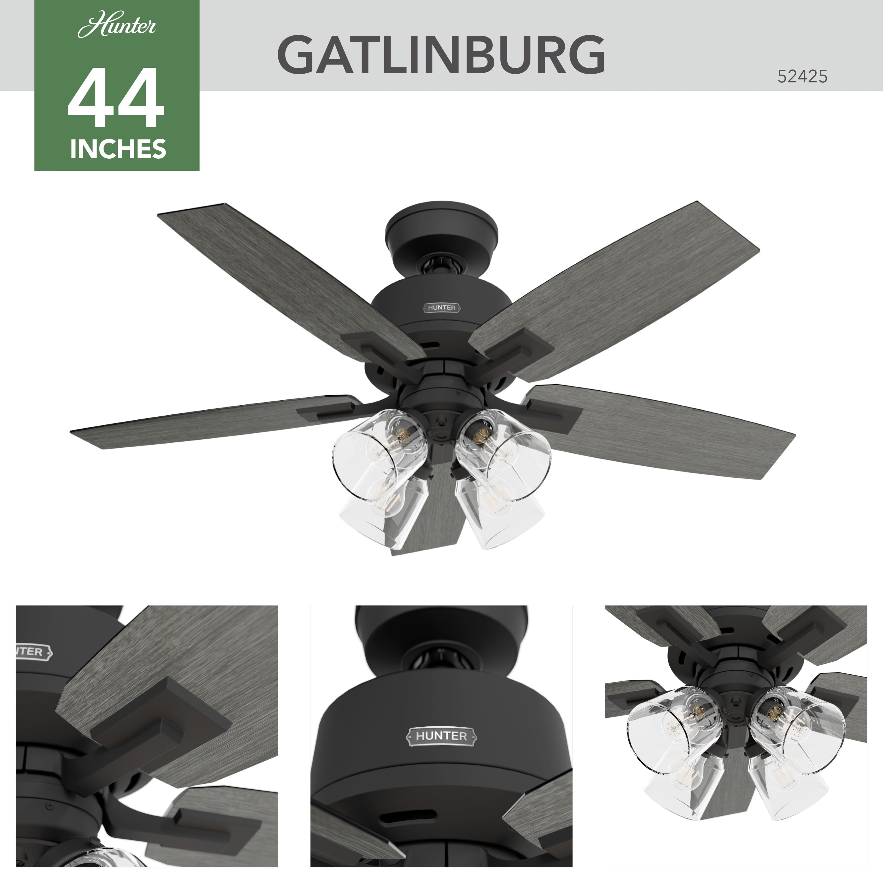 52425-Hunter Fans-Gatlinburg - 5 Blade Ceiling Fan with Light Kit-19.02 Inches Tall and 44 Inches Wide-Matte Black Finish - Image 5