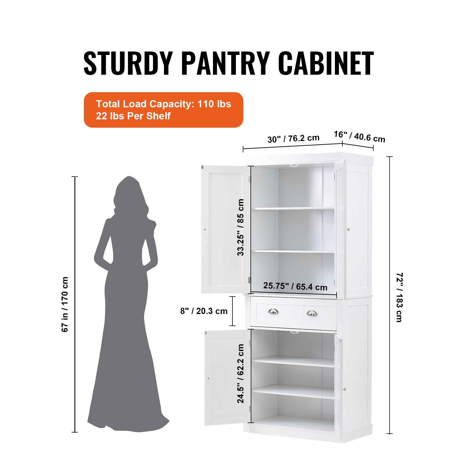 KFFKFF 72" Kitchen Pantry Storage Cabinet with 4 Doors 3 Adjustable Shelves for Kitchen, Living Room Dinning, Pearl White-Free shipping - Image 3