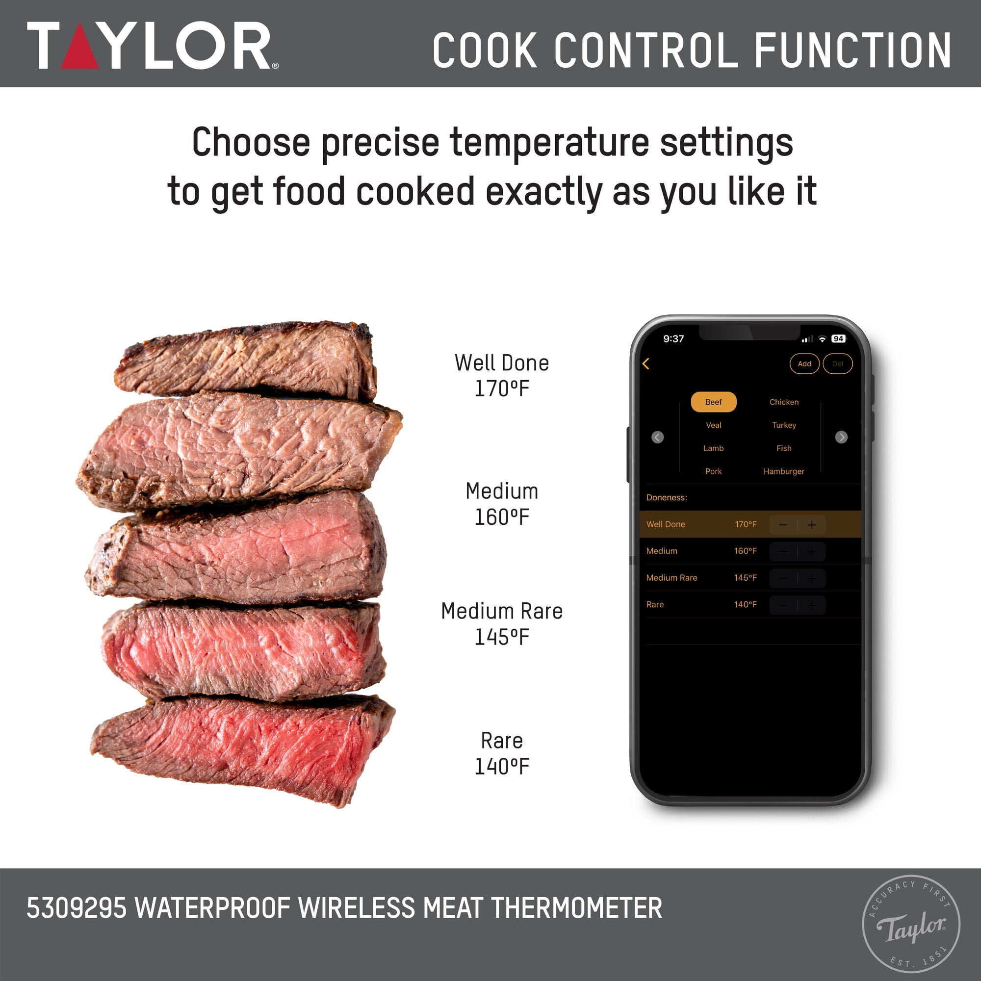 Taylor Waterproof Bluetooth Digital Wireless Grill and Meat Thermometer with Smart Probe Black - Image 17
