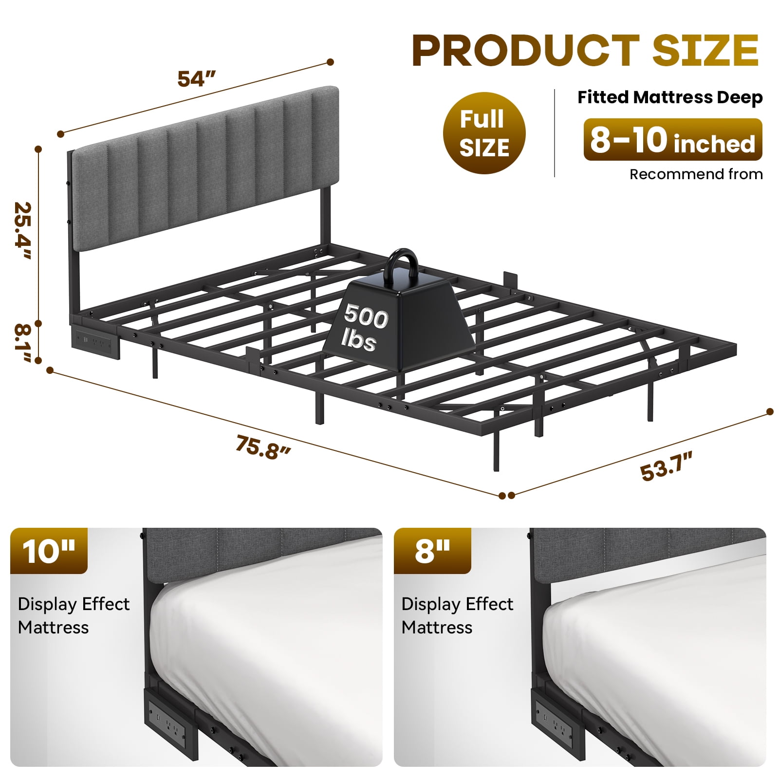 Behost Full Size Floating Bed Frame Upholstered with LED Lights and Built-in Charging Station, Metal Bed Frame, Gray - Image 2