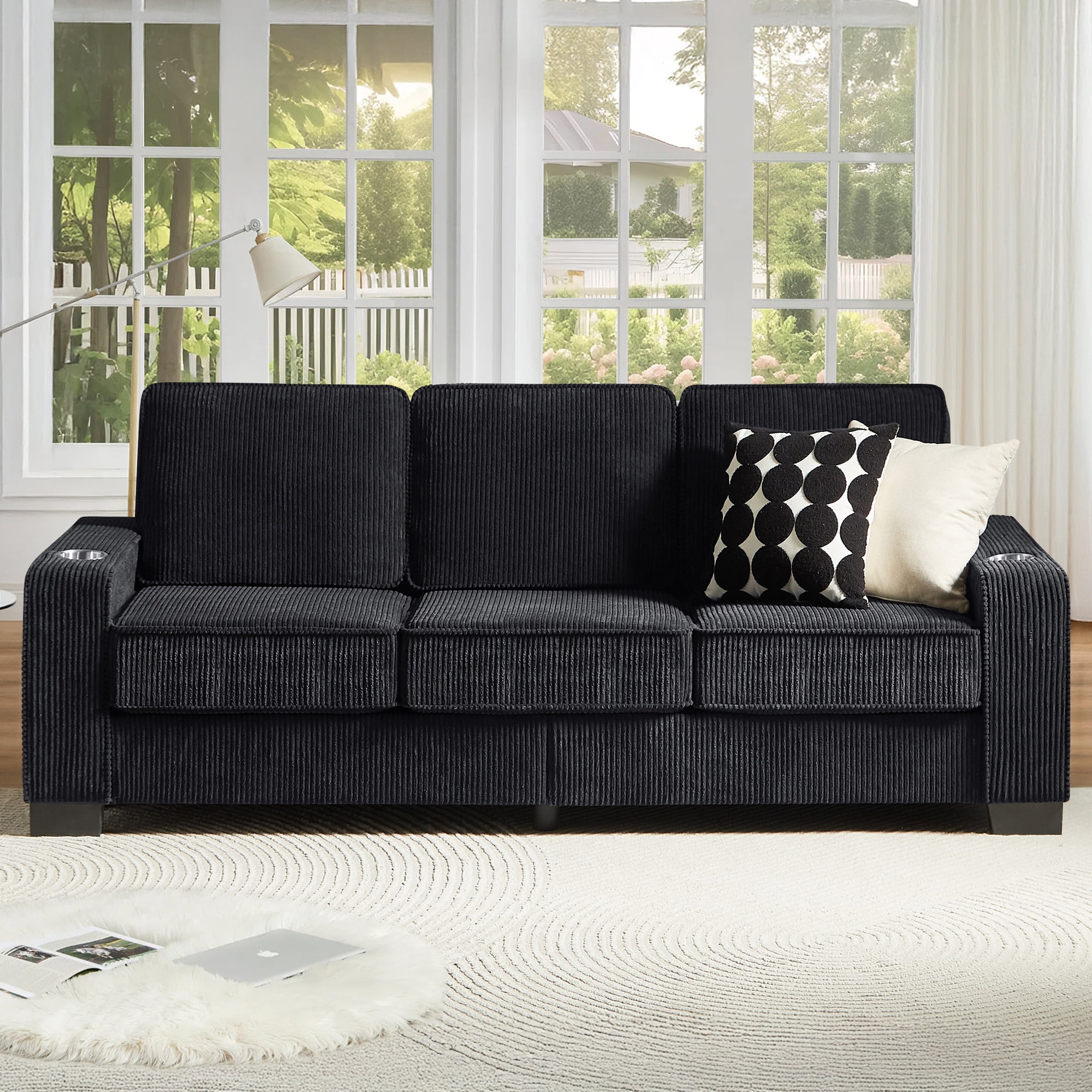 Lunale 83.9" Corduroy Sofa with Cup Holders, Modern 3-Seater Couch for Living Room, Black - Image 4