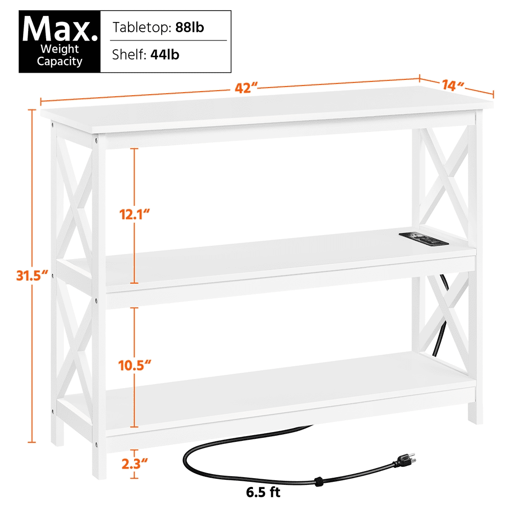 Alden Design 3-Tier Wooden Console Table with Power Outlet for Living Room, White - Image 4