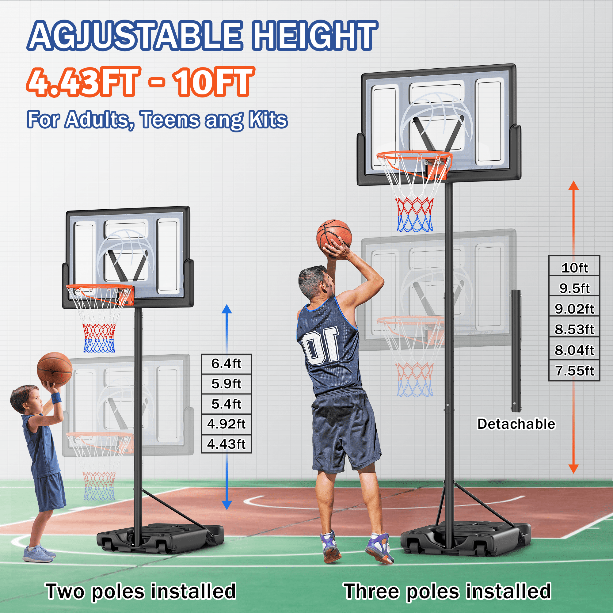 4.4-10ft Portable Basketball Hoop 44" Height Adjustable Basketball Goal System with PC Backboard Material Outdoor,Gray - Image 8