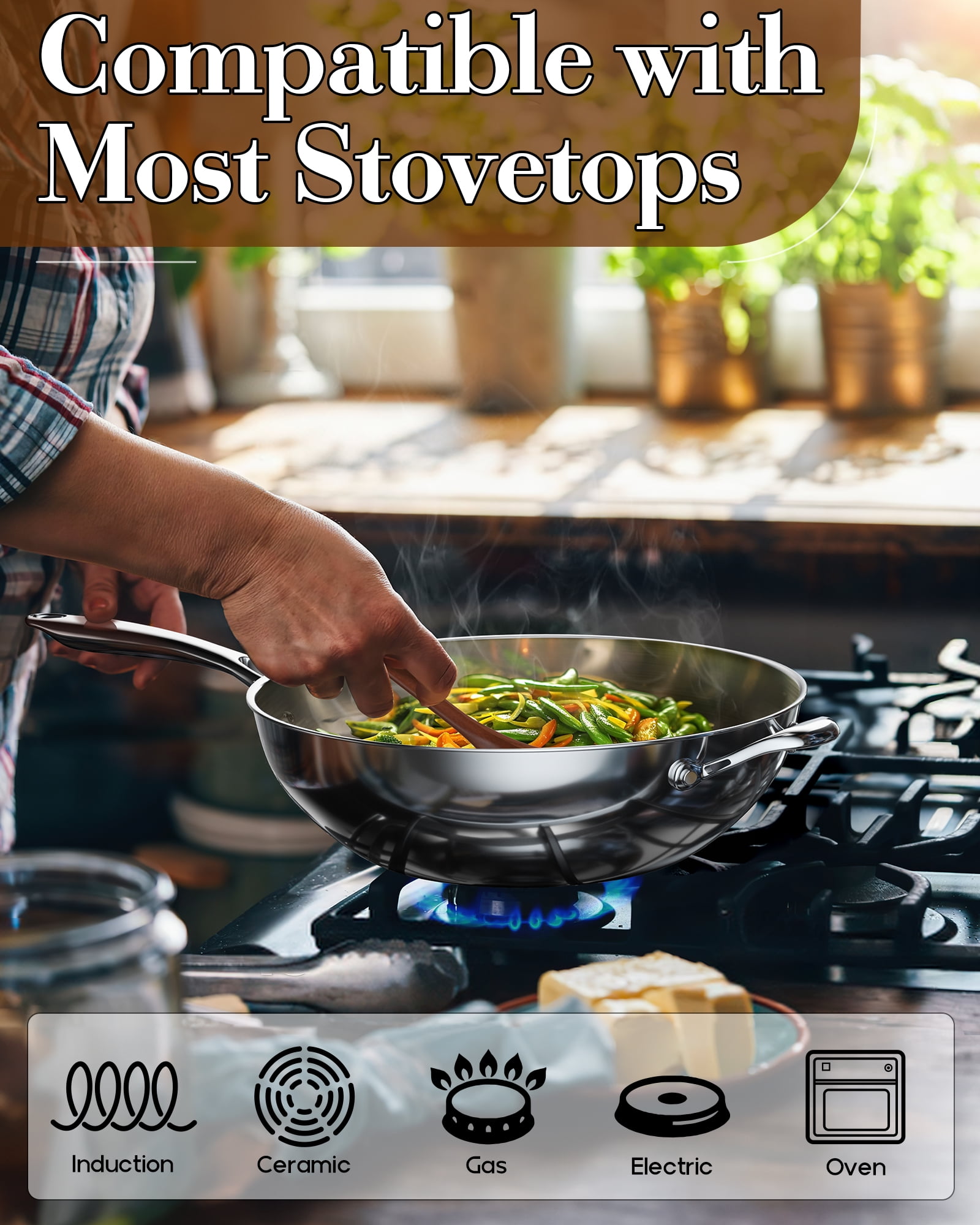 Cooks Standard Wok Pan Stainless Steel, 13-Inch Multi-Ply Clad Stir Fry Pan with High Dome lid, Silver - Image 3