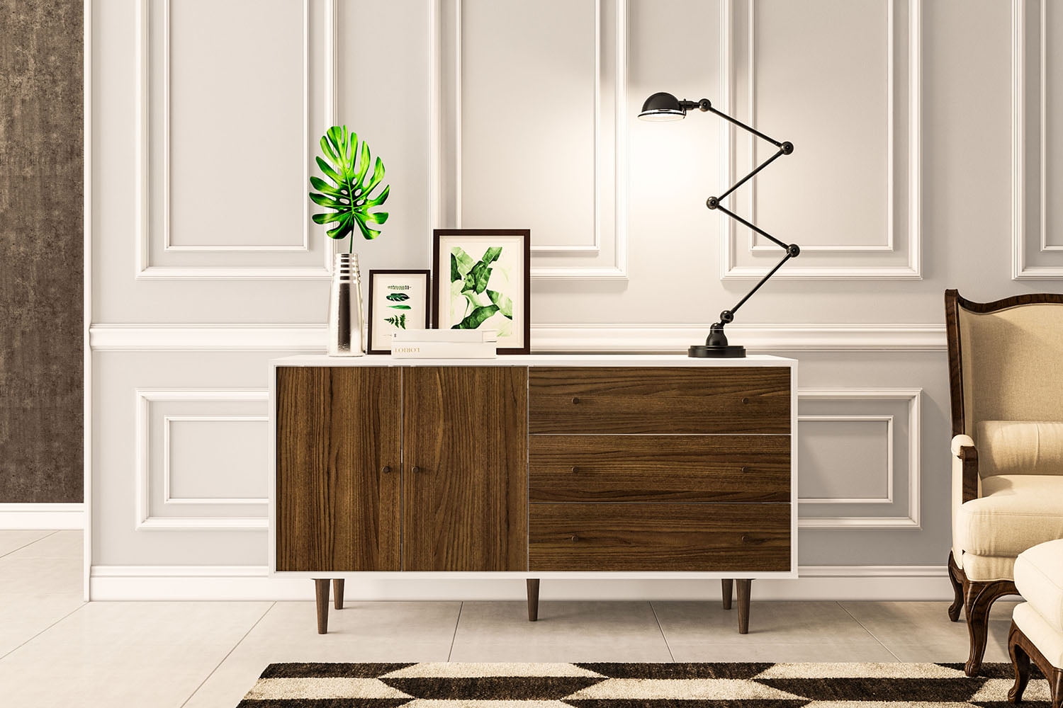 Polifurniture Pasadena Modern Sideboard with 2 Doors and 3 Drawers, White & Walnut - Image 18