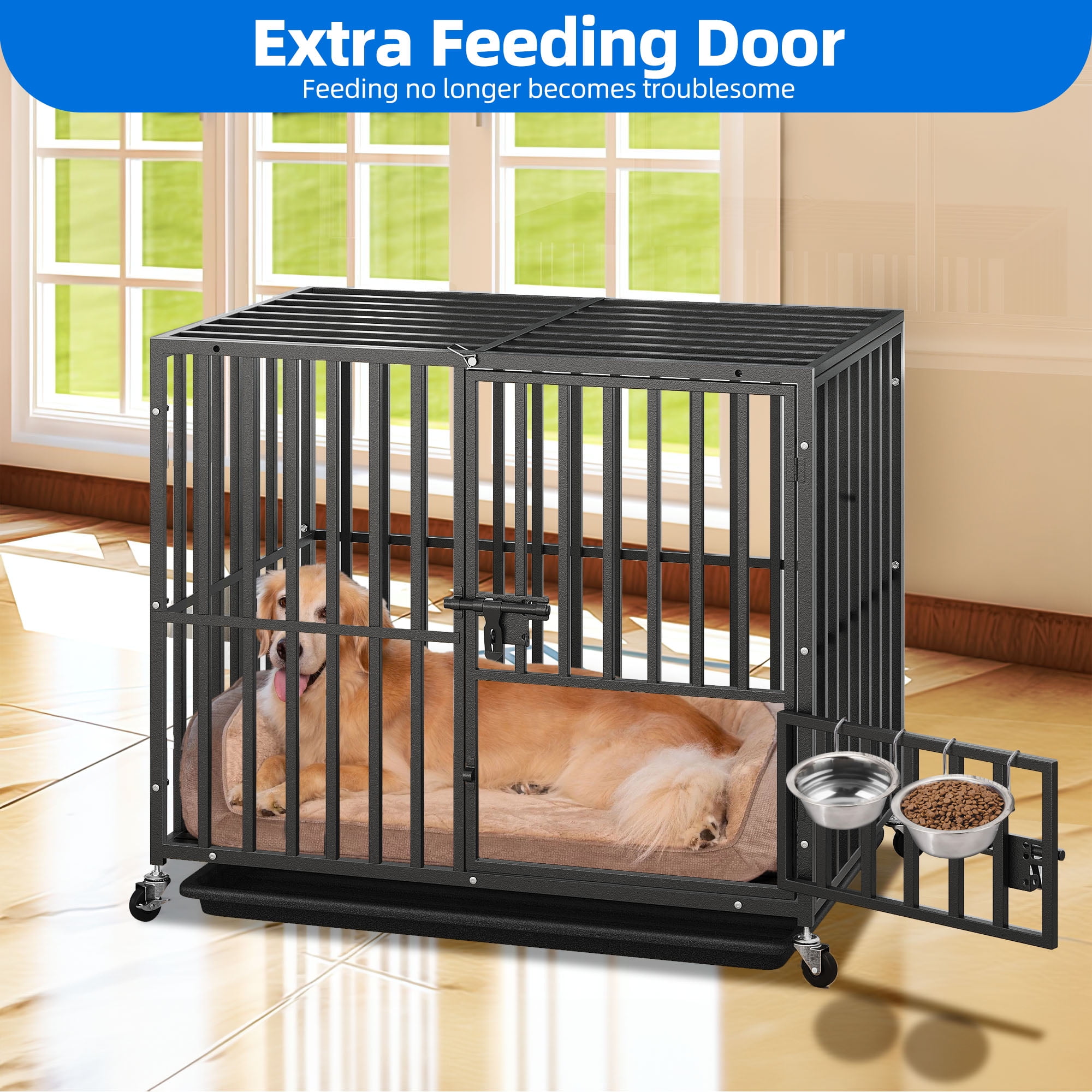 Uforic 38 Inch Heavy Duty Dog Crate with Wheels for Indoor and Outdoor, Large Dog Kennel with Three Doors,Removable Tray - Image 3