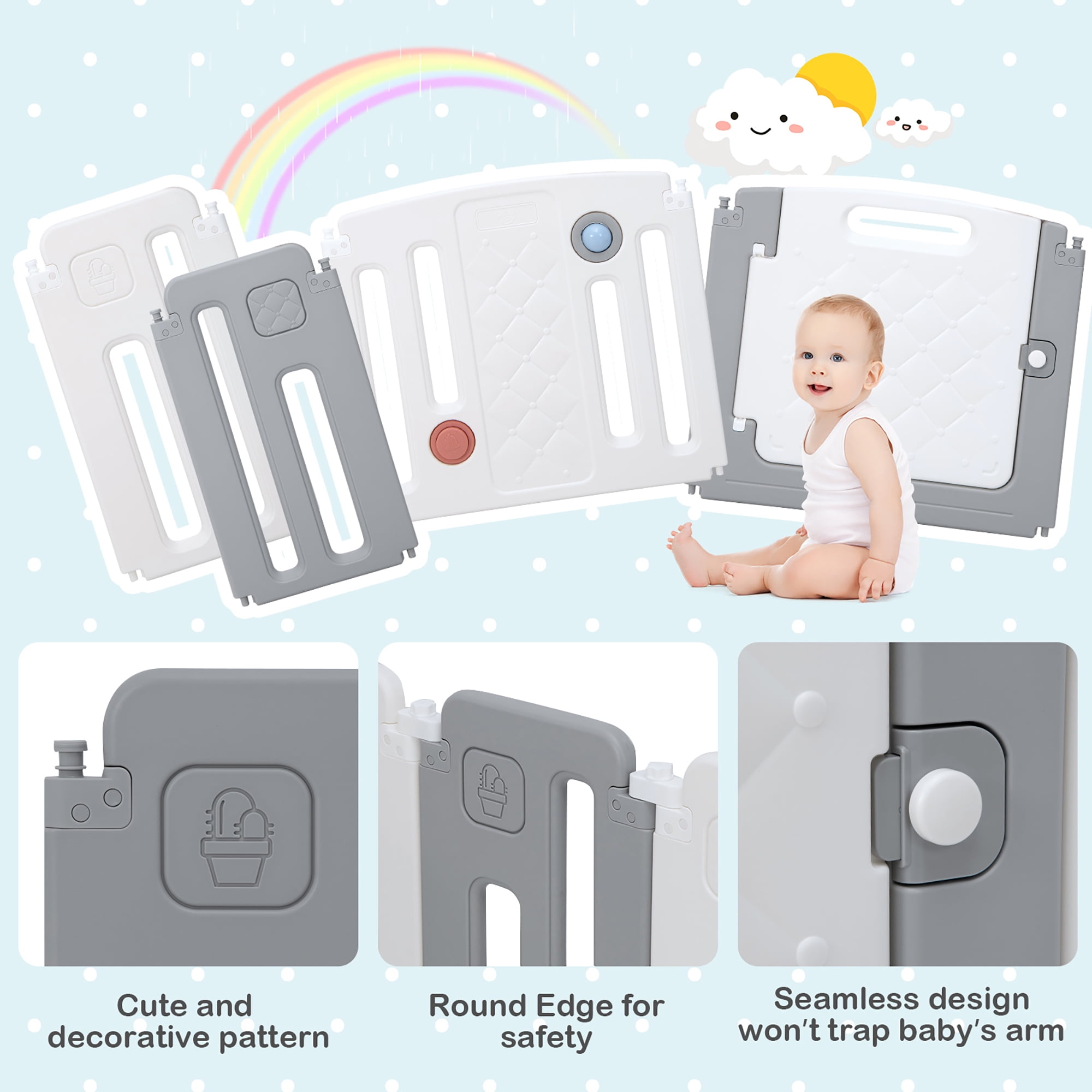 Costway 14 Panels Baby Safety Playpen Kids Safety Activity Play Center with Drawing Board Gray - Image 3