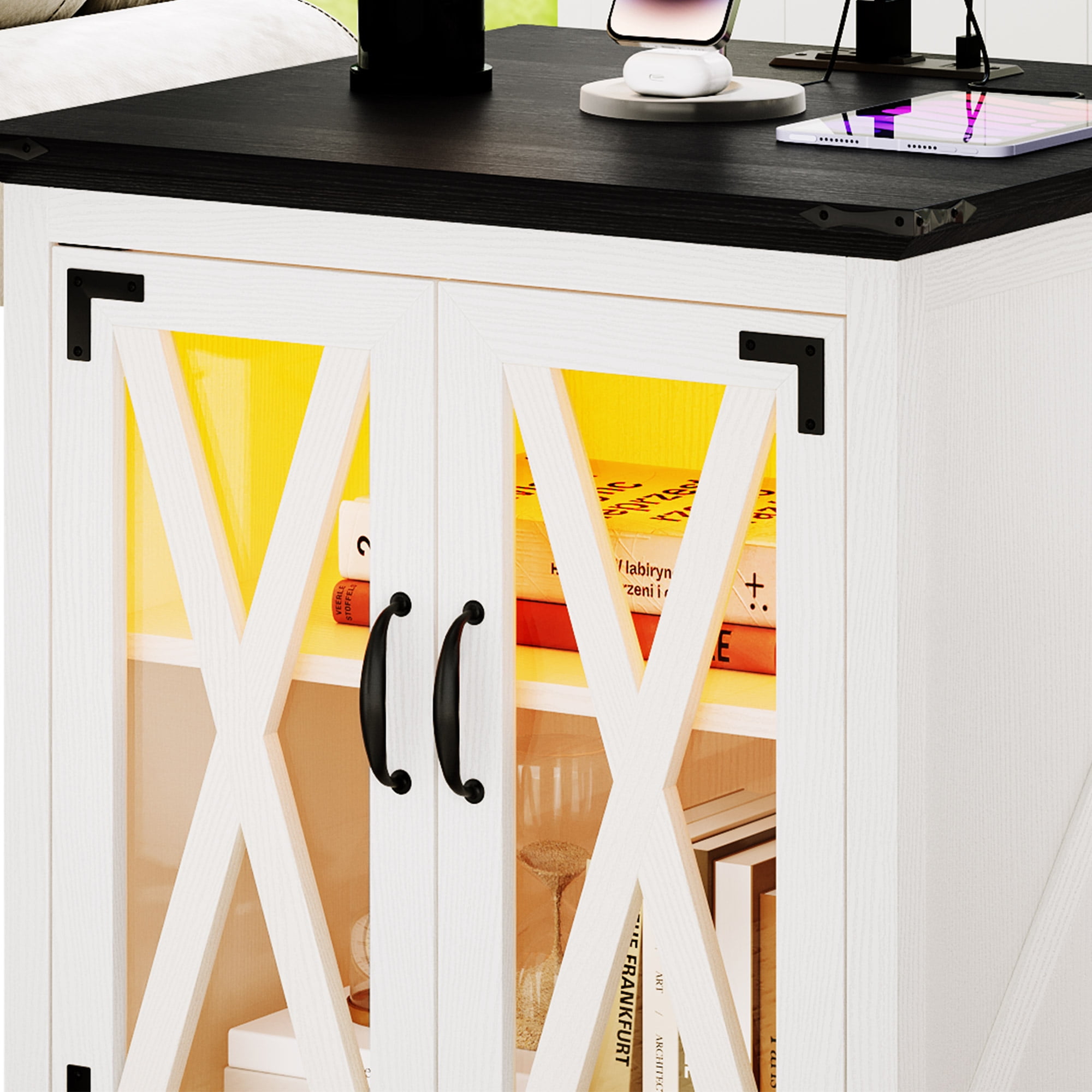 Dextrus Farmhouse End Table with Charging Station and LED Lights, Side Table with 2 Door & Storage Shelf Nightstand for Living Room Bedroom - White - Image 8