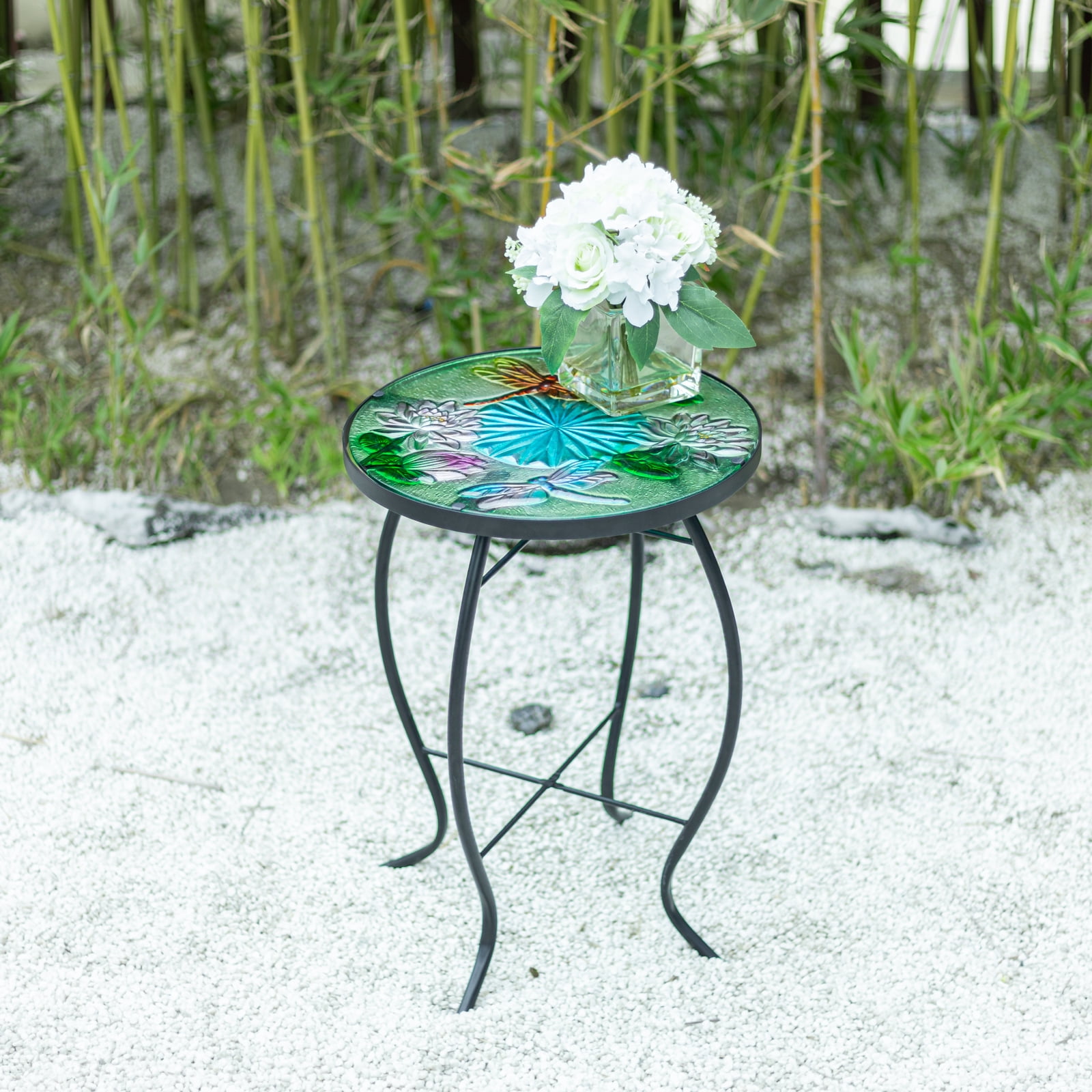 Wonder Garden Outdoor Side Table for Garden, Indoor Small Accent Coffee Table Plant Stand Round Glass Table for Balcony, Lawn, Patio, Dragonfly - Image 2