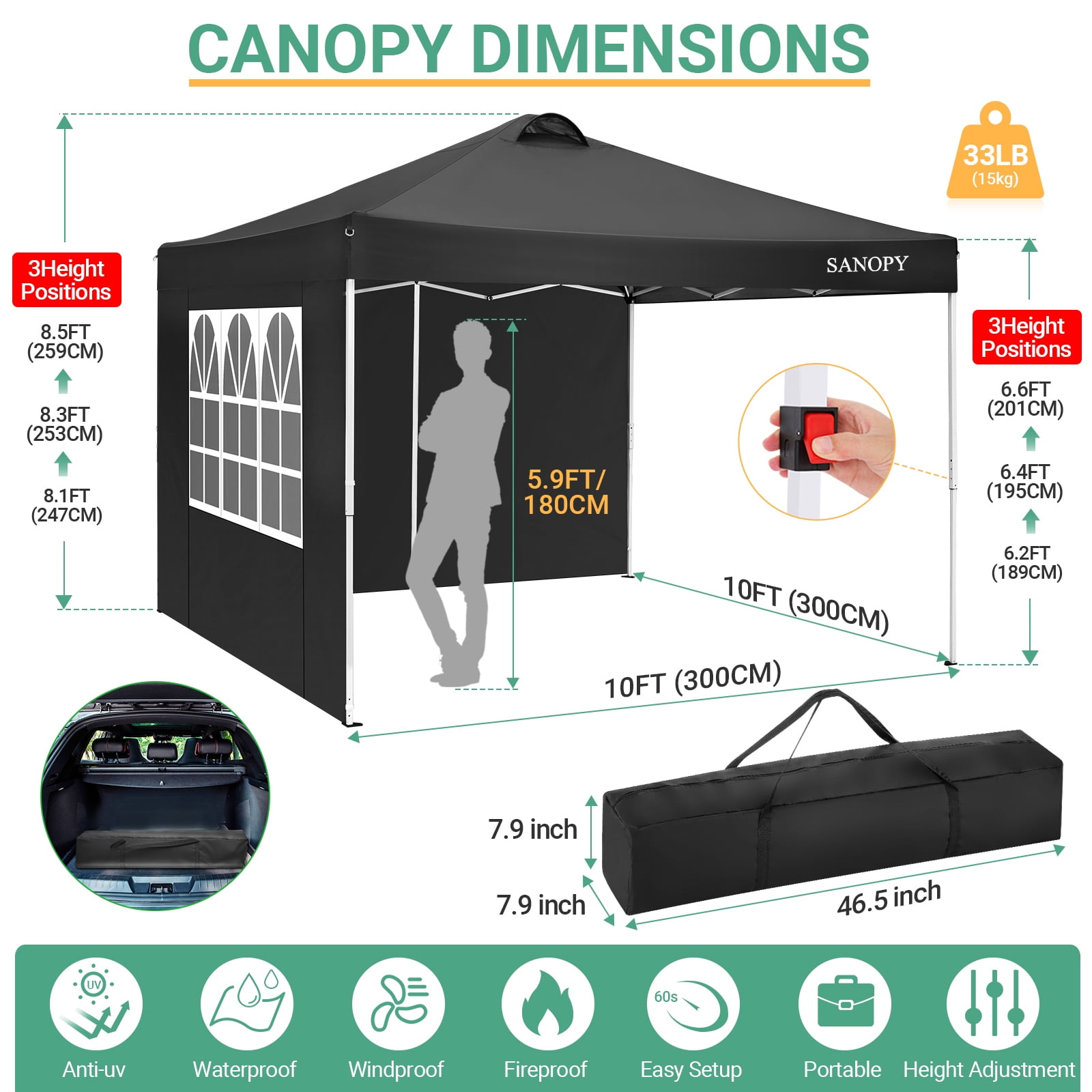 SANOPY 10' x 10' Straight Leg Pop-up Canopy Tent Easy Two Person Setup Instant Outdoor Canopy Folding Shelter with 4 Removable Sidewalls, Air Vent on The Top, 4 Sandbags, Carrying Bag, Black - Image 3