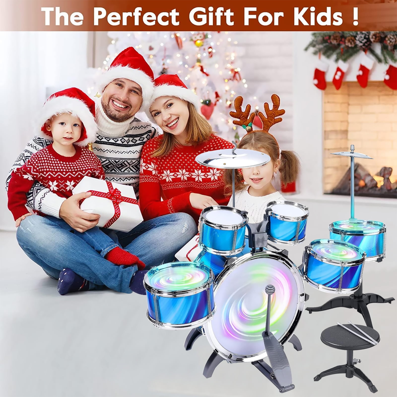 Kids Drum Set, 15 Pieces Drum Set for for Toddlers 1-3, Musical Instrument Toys with 6 Drums, w/ 4 Lights and 2 Cymbals, Drum Kit Boys Girls Birthday Gift for Beginner Music Practice - Image 7