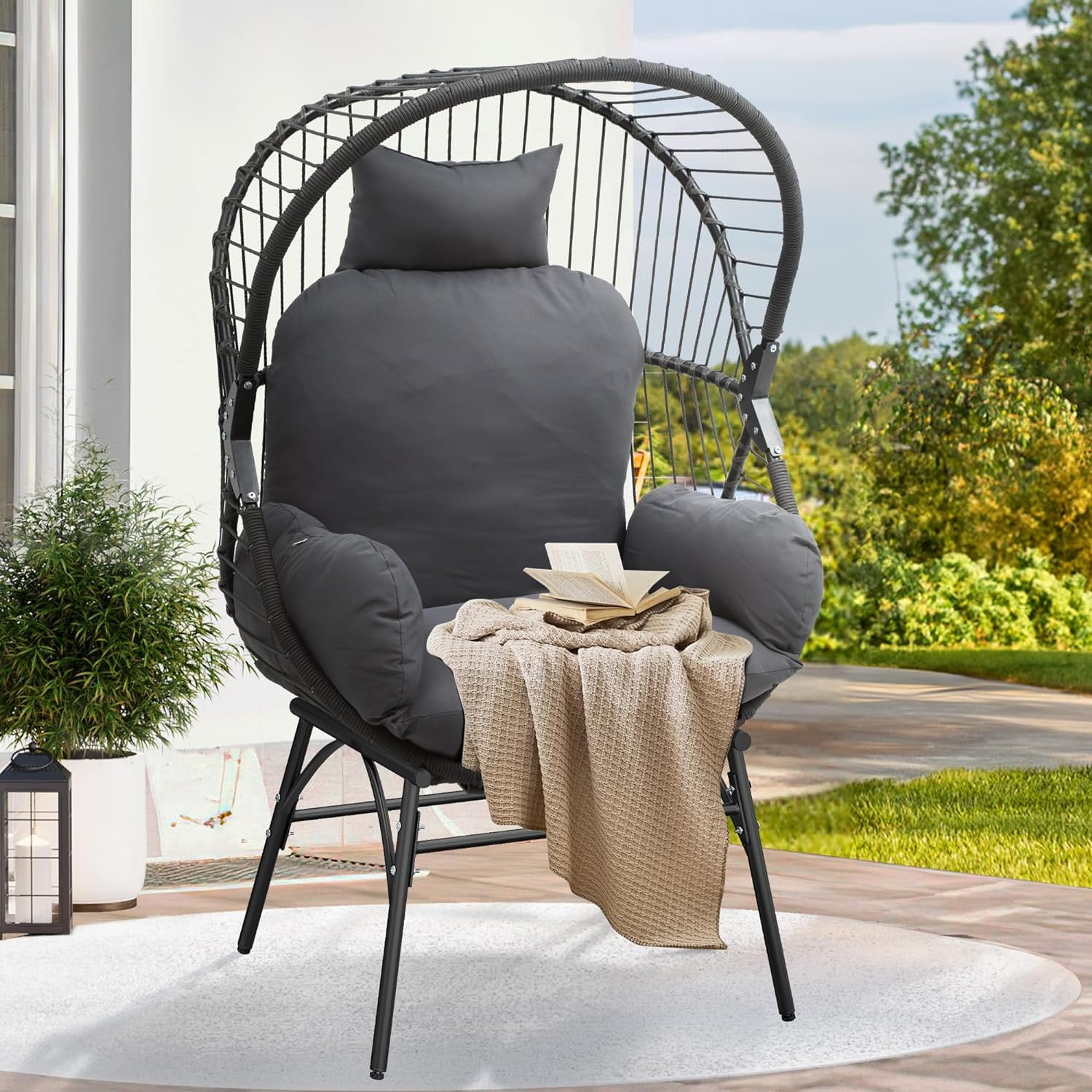 Dextrus Gray Wicker Egg Lounge Chair - Stylish Egg Basket Chair with PE Rattan - Legged Chair with Cushion for Outdoor Spaces - Perfect for Patio, Garden, Backyard, Porch - Image 2