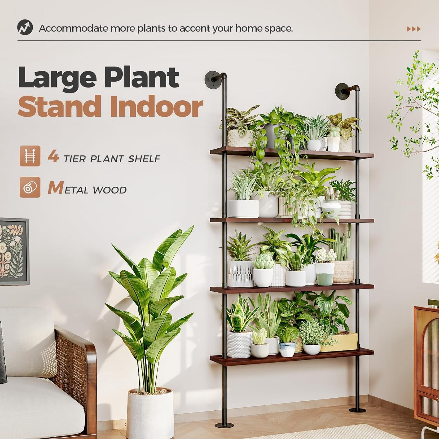 Bamworld Large Plant Shelf Indoor 4-Tier Tall Plant Rack 73in Wall Mount Metal Plant Stand Large Plant Holder - Image 5