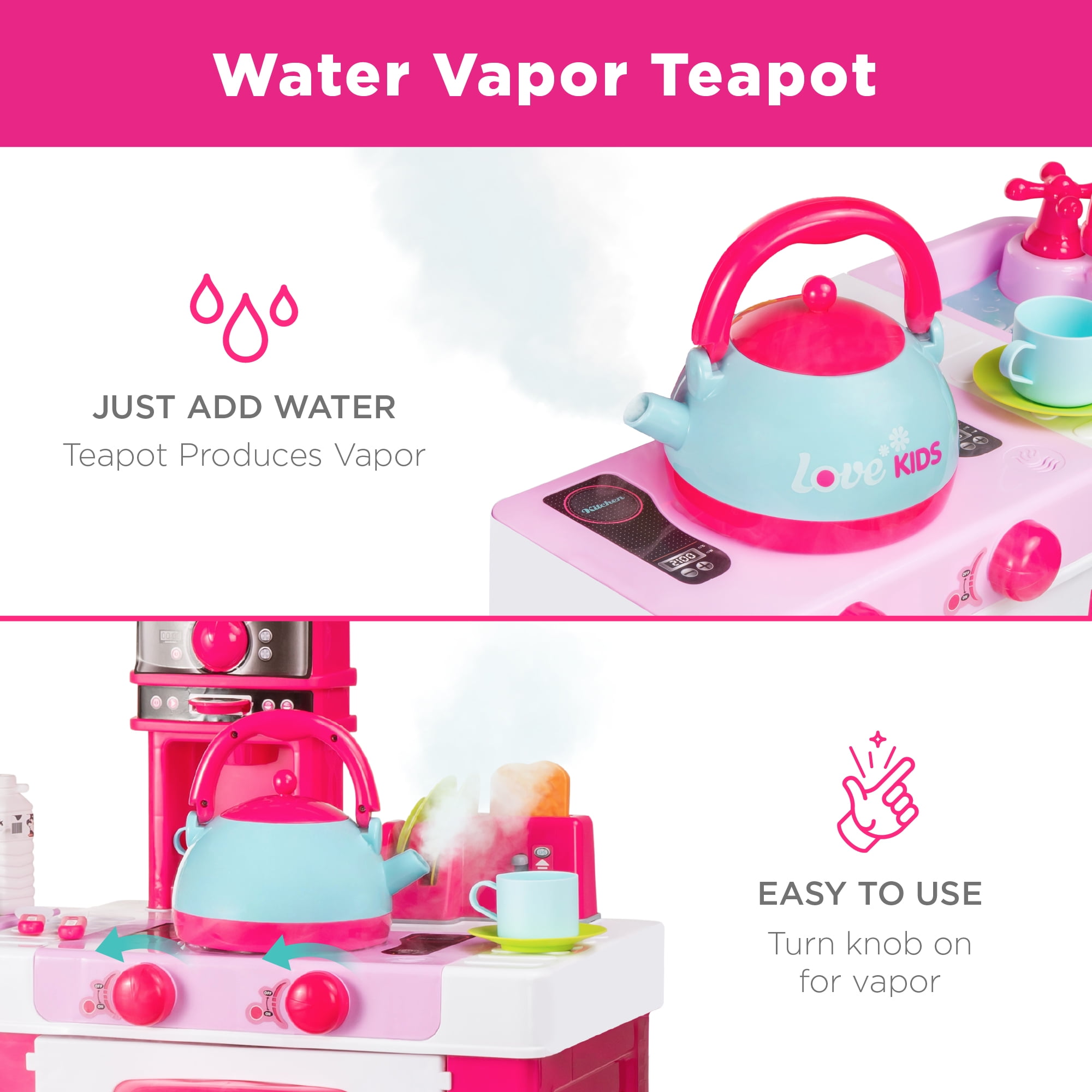 Best Choice Products Pretend Play Kitchen Toy Set for Kids with Water Vapor Teapot, 34 Accessories, Sounds - Image 3
