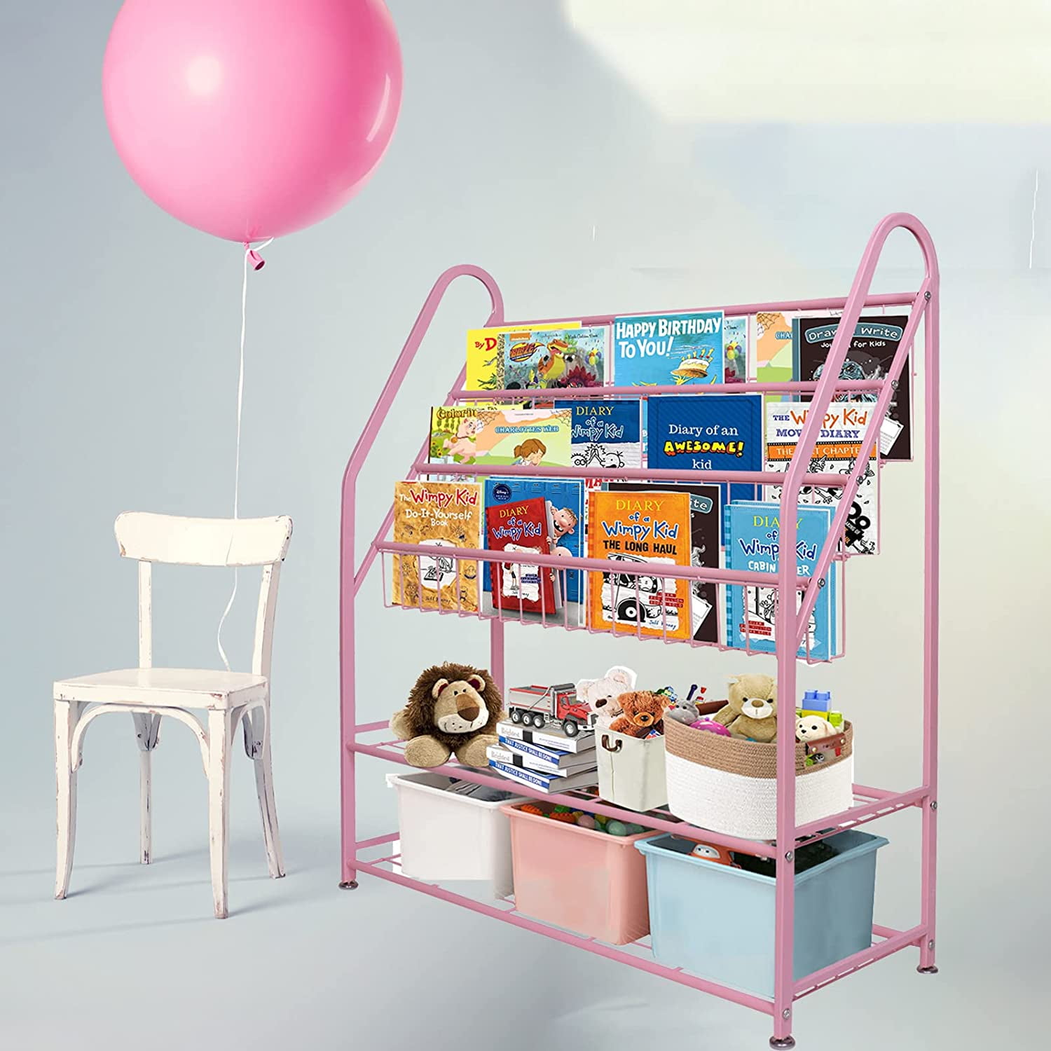 aboxoo Metal Kids Pink Bookshelf Freestanding for Children Girls Room 32 inches Large Toddler Pink Stable Bookcase Bookstore Library Book Unit Storage - Image 6