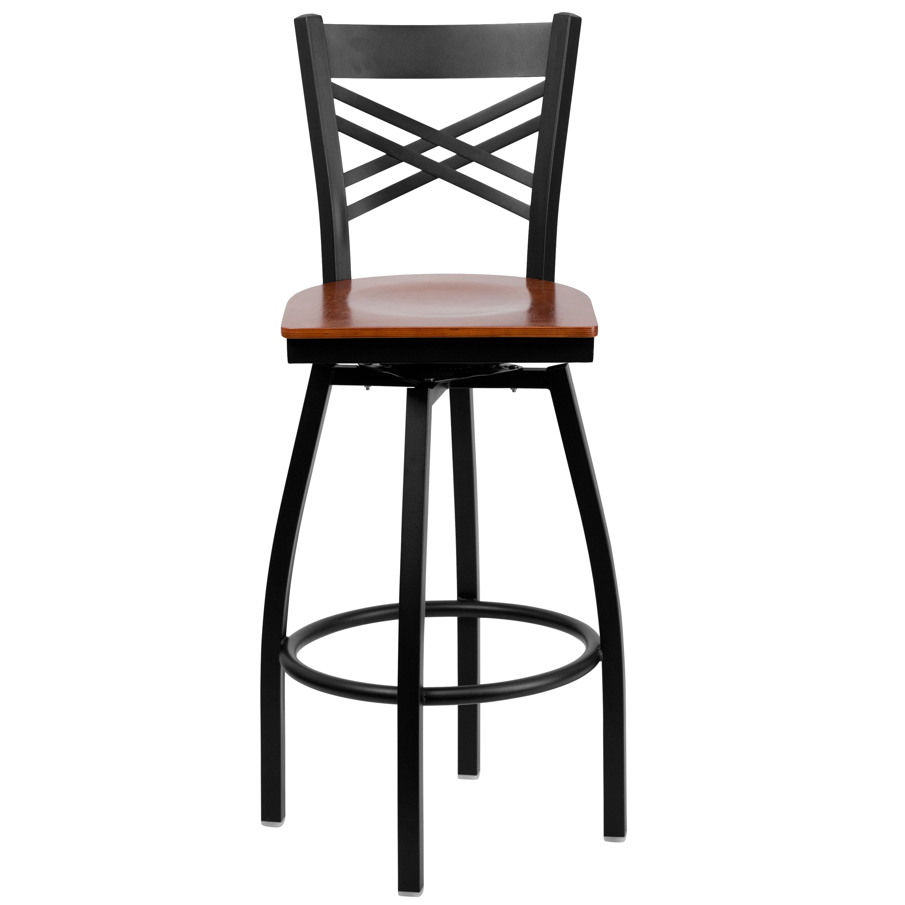 Flash Furniture HERCULES Series Black ''X'' Back Swivel Metal Barstool - Cherry Wood Seat - Image 5