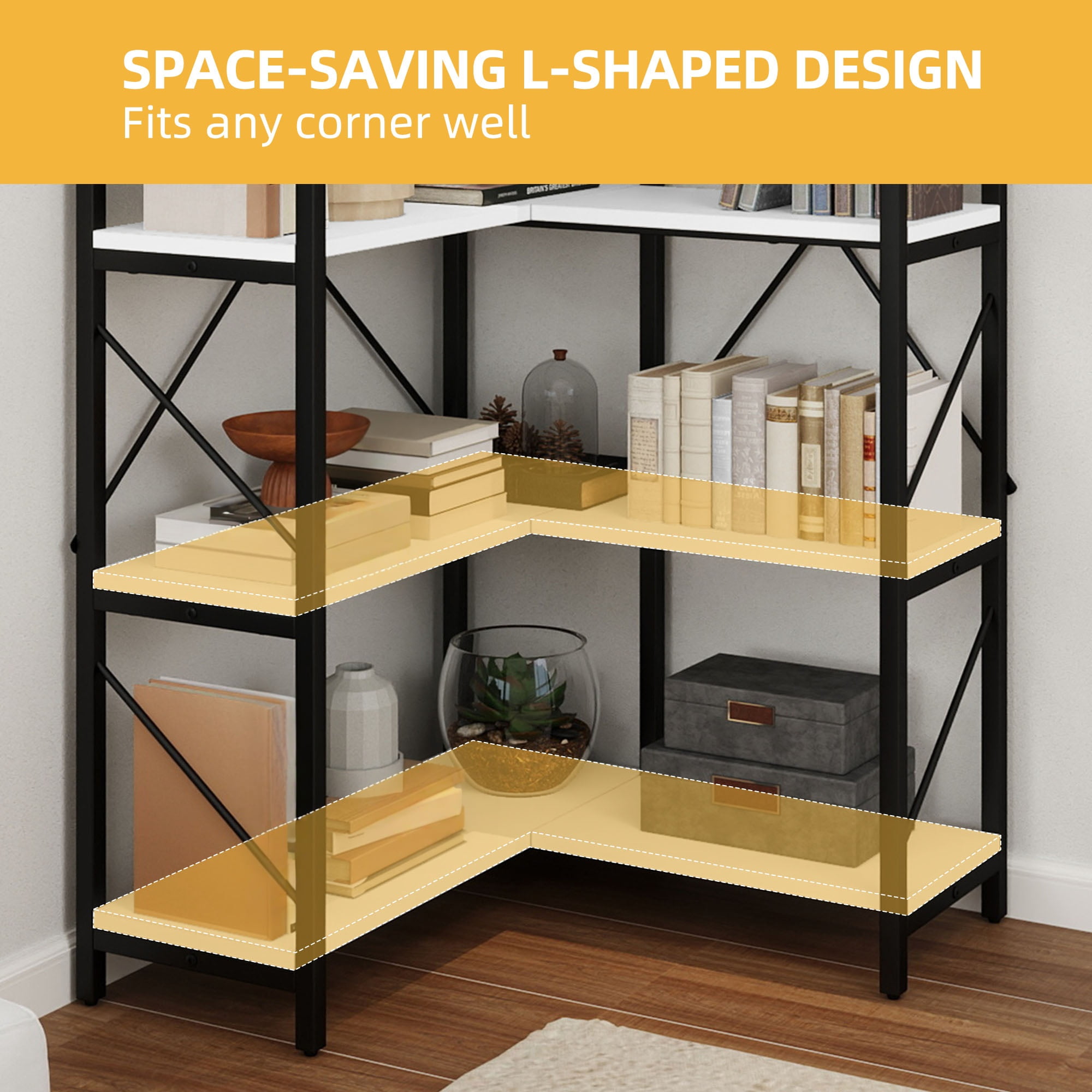 Uforic 5-Tier Corner Bookshelf, Corner Shelf Display Bookcase with Metal Frame for Home Office, White - Image 8