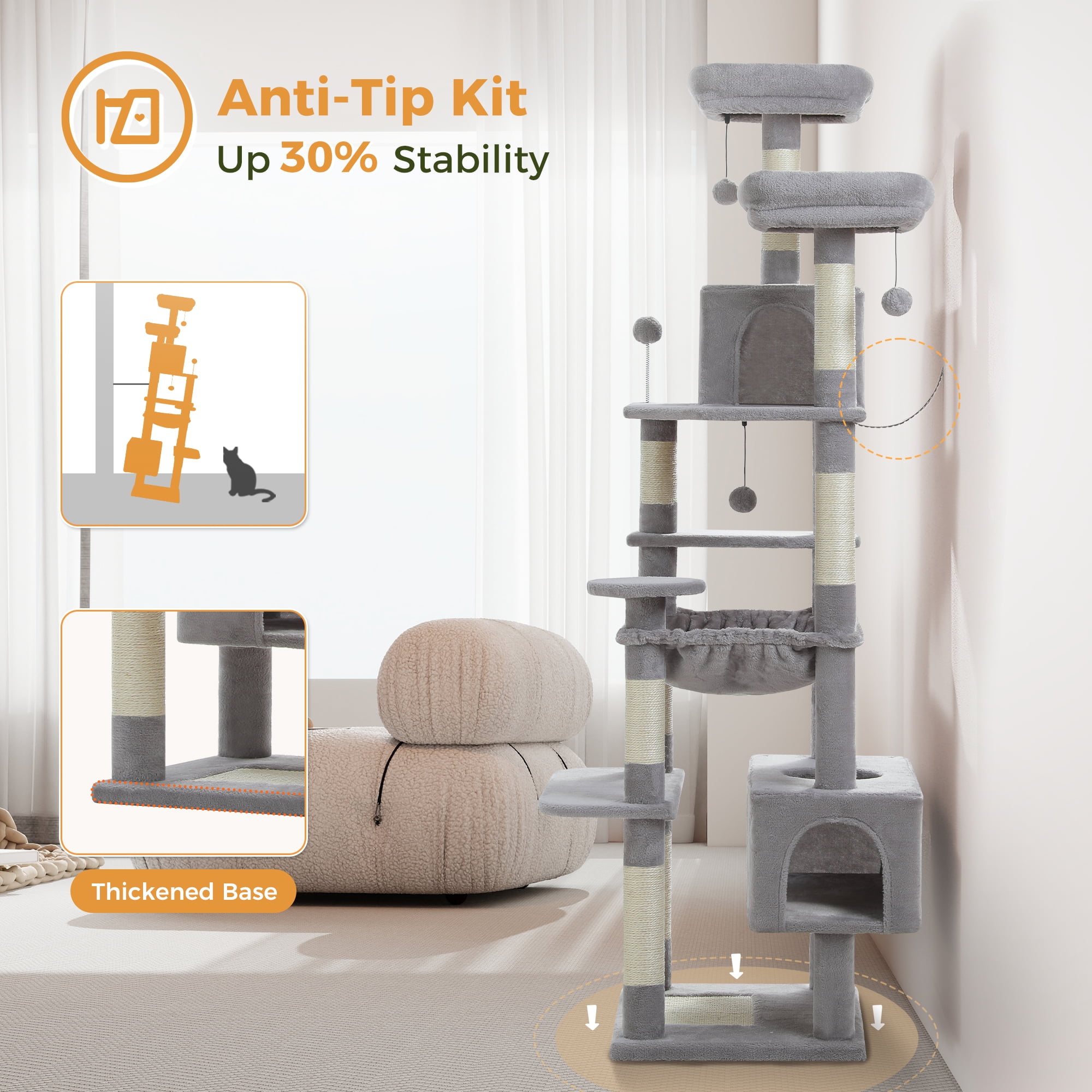 PAWZ Road 73"Cat Tree for Large Cats Multi Level Play Tower Condo 7 Sisal Cat Scratching Posts Gray - Image 11