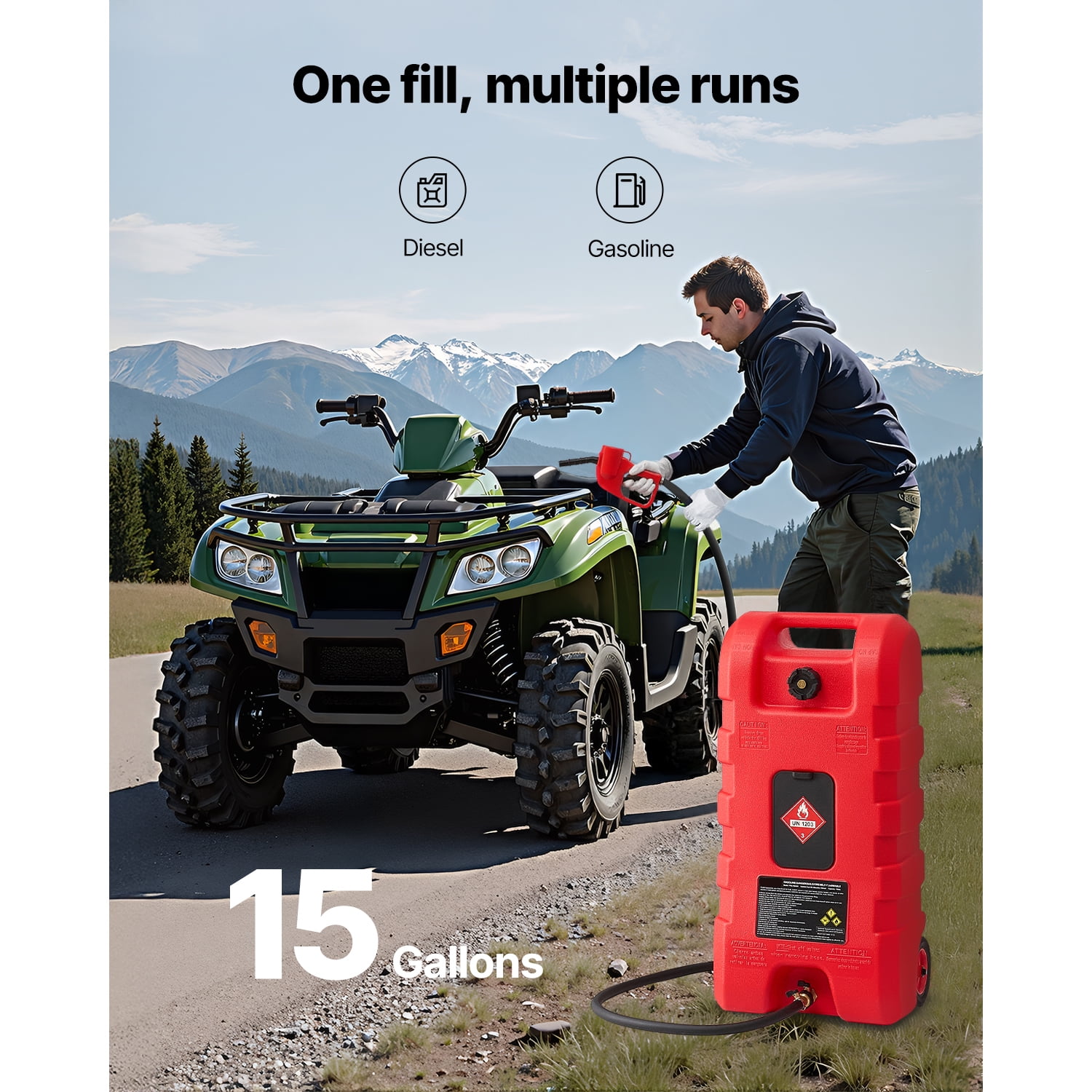 KFFKFF Fuel Carrier, 15-Gallon Capacity, Mobile Fuel Reservoir with Gravity & Manual Pump Options, Wheeled Fuel Storage Unit, 10 ft Transfer Hose & Hand-Operated Pump, Fuel Trolley for Motorboats - Image 3