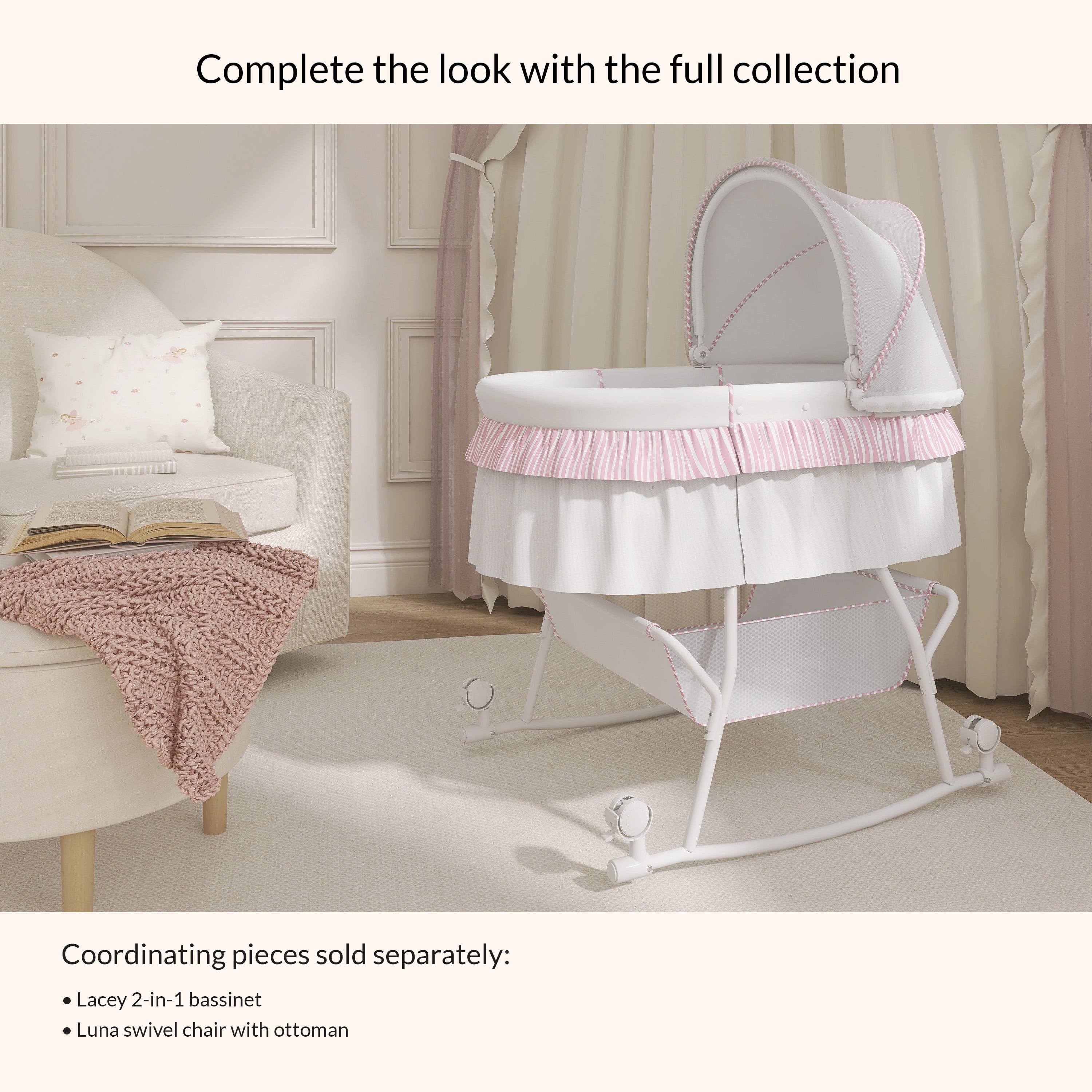 Dream On Me Lacy Portable 2-in-1 Bassinet & Cradle in Pink and White, Lightweight Baby Bassinet - Image 5
