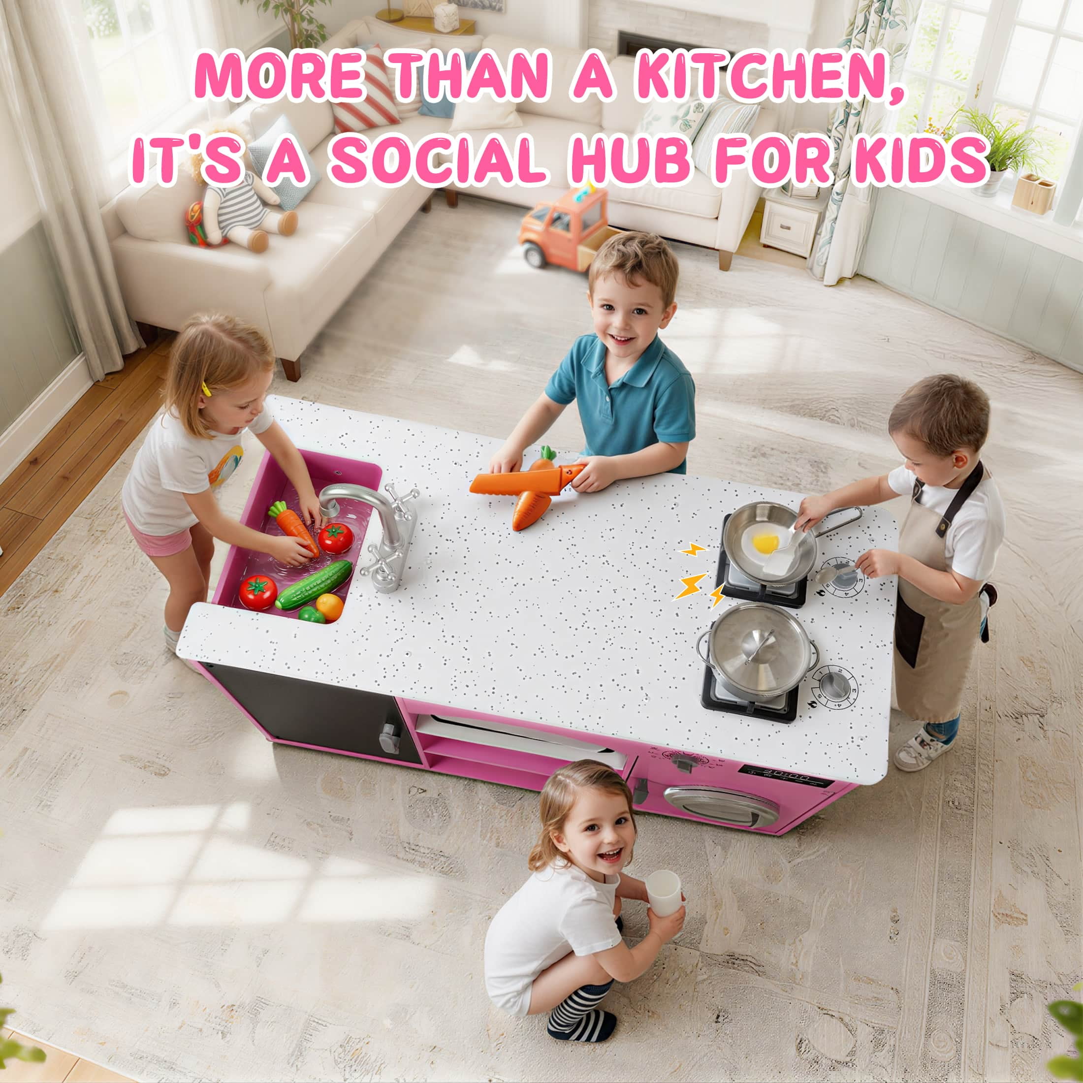 COCLUB Modern Wooden Play Kitchen Island for Kids, Pretend Play Center w/ Electronic Light & Sound Effects, Kids Kitchen Playset | Microwave, Washer, Ice Maker, Chalkboard & Accessories Included - Image 5