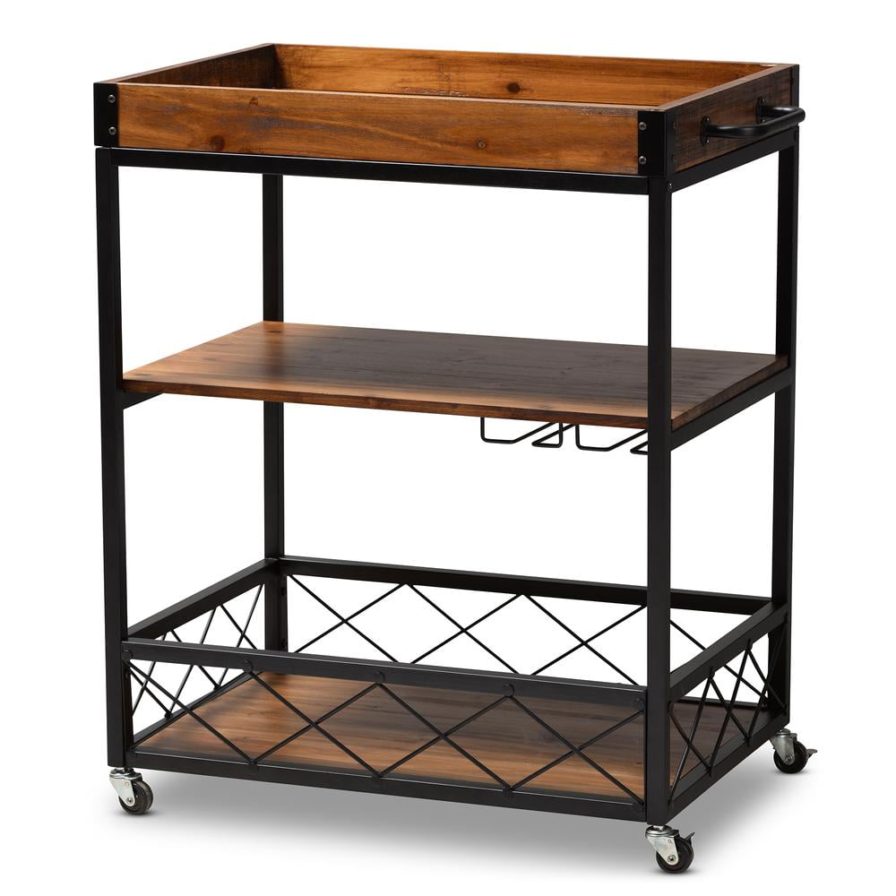 Baxton Studio Capri Vintage Rustic Industrial Oak Brown and Black Finished Mobile Metal Bar Cart with Stemware Rack - Image 8