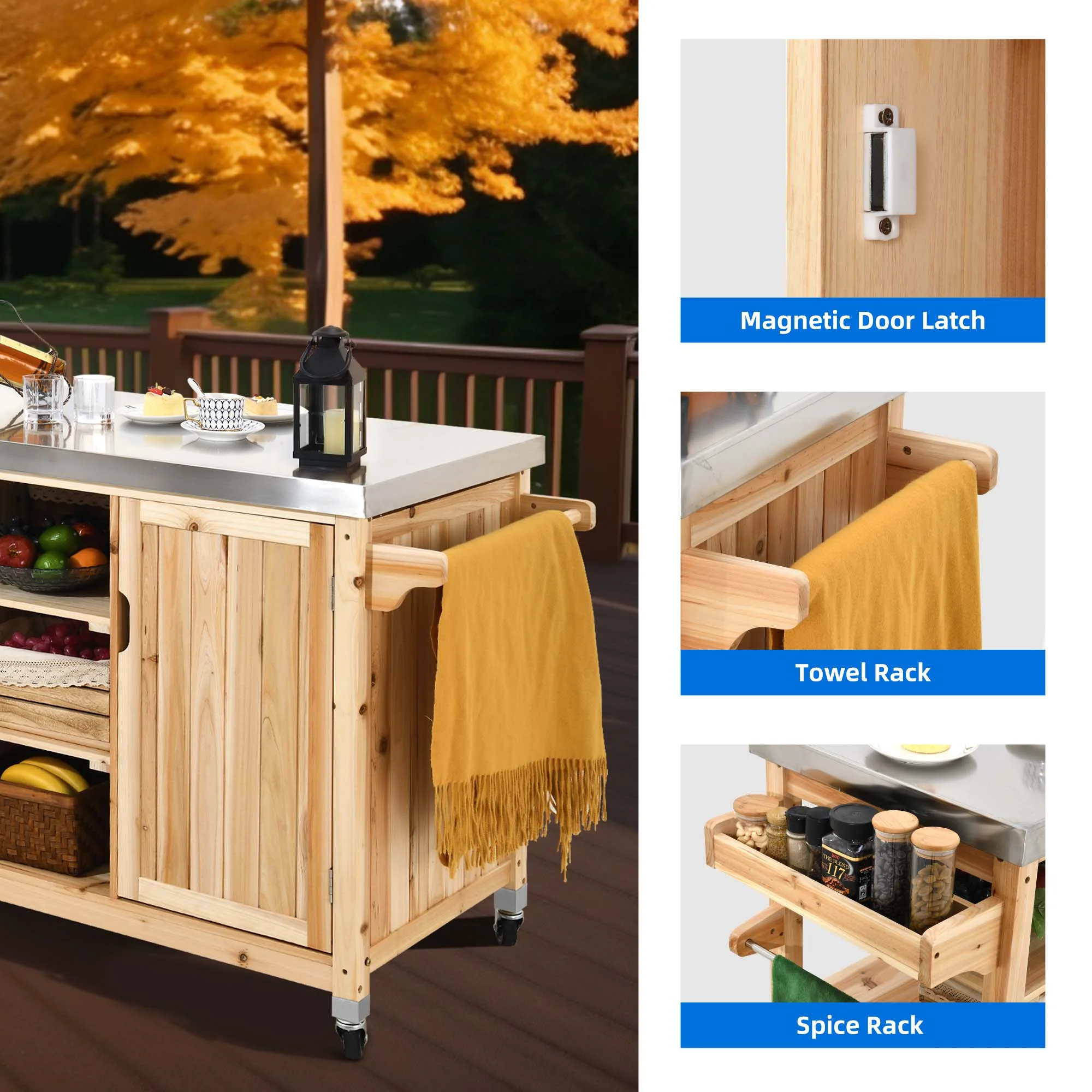 Dextrus Outdoor Kitchen Island Rolling Trolley Cart Stainless Steel Tabletop, Kitchen Storage Dining Serving Cart - Natural Wood - Image 4