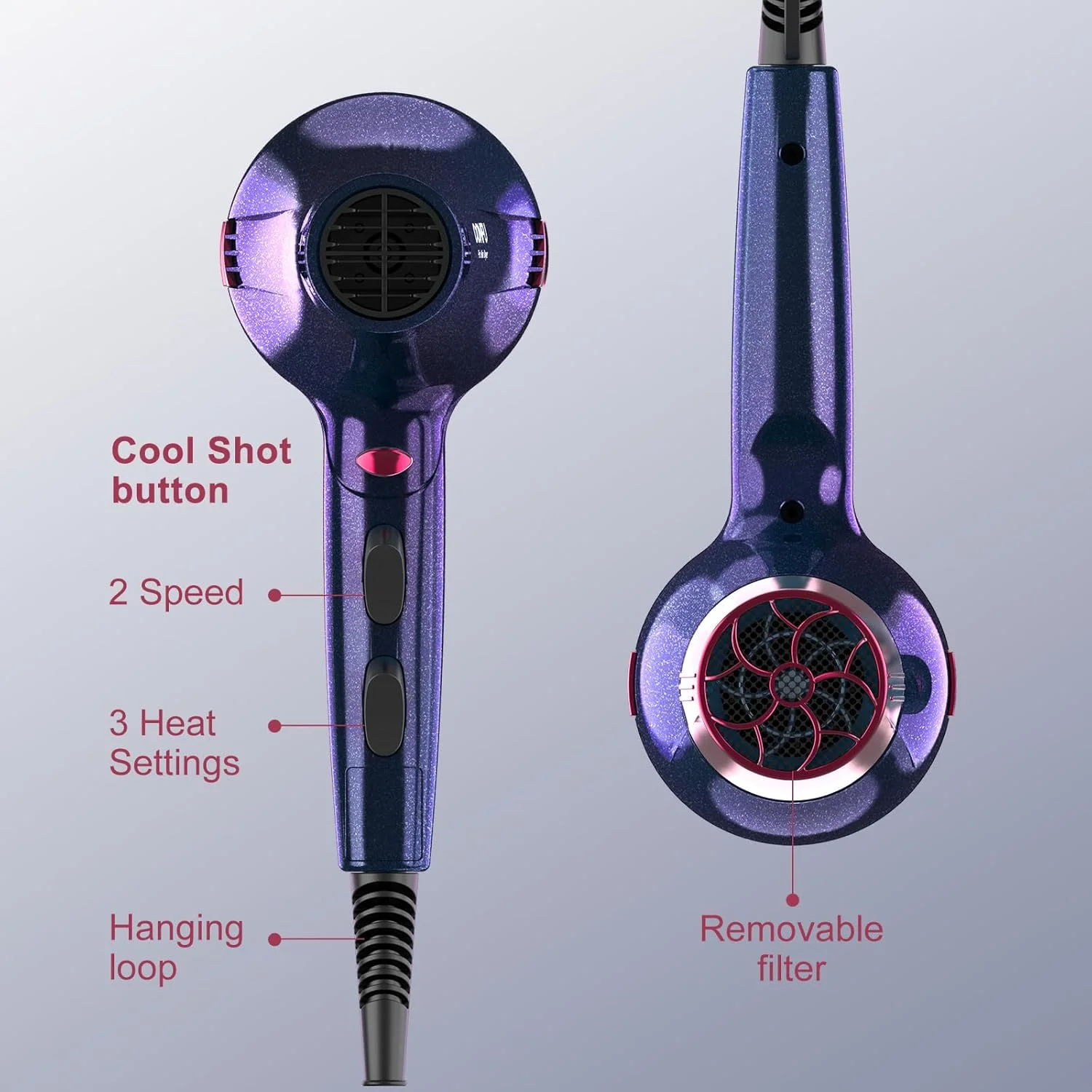 Hair Dryer, CONFU 1875W Professional Ionic Blow Dryer for Hair Care,3 Attachments for Home Salon Travel, Purple - Image 7