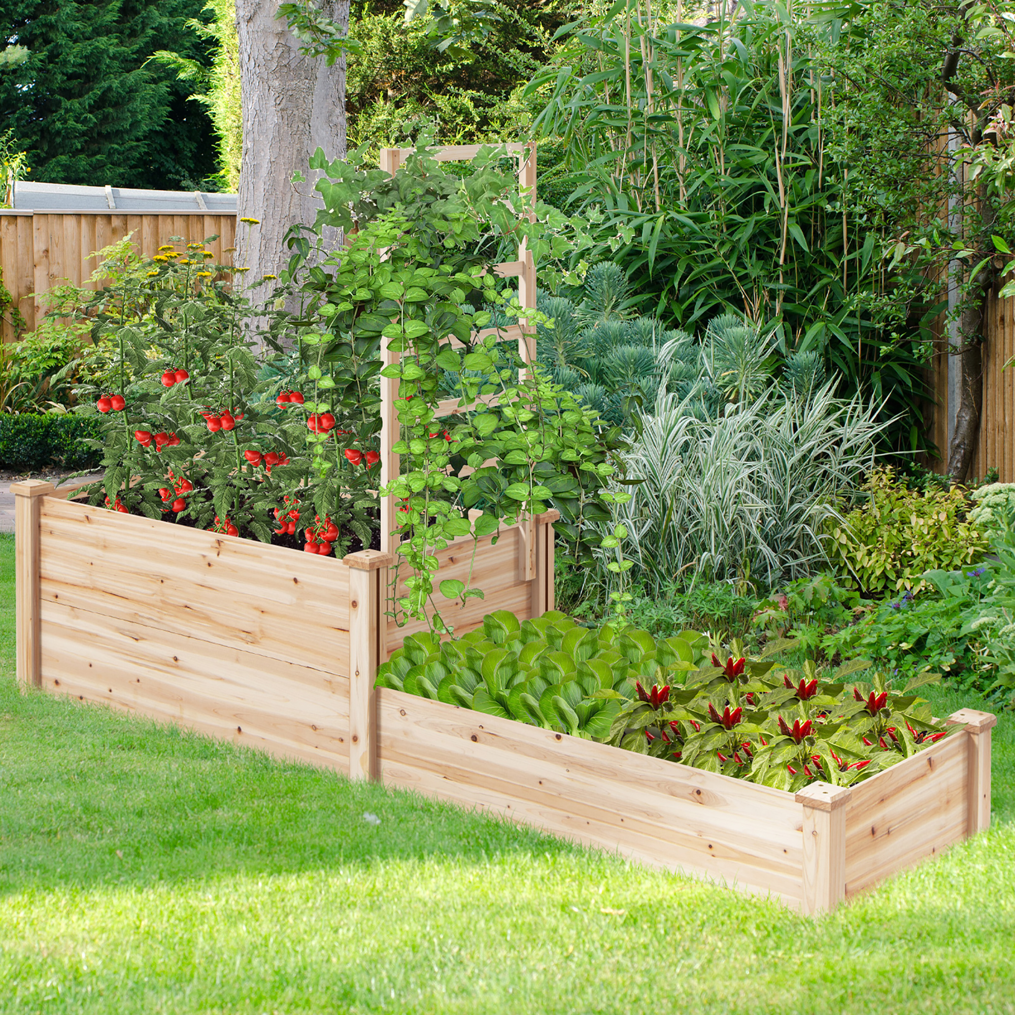 Gymax Raised Garden Bed w/ 2 Planter Boxes & Trellis Outdoor Wooden Planter Box Kit for Sapling - Image 10